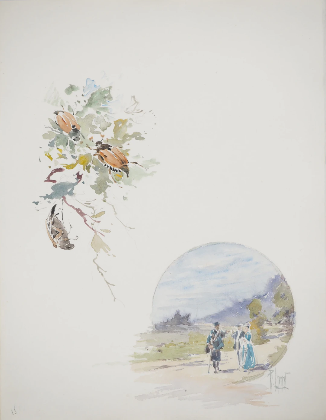 René LEVERD : Suisse, Promenade champêtre et insectes, Aquarelle originale