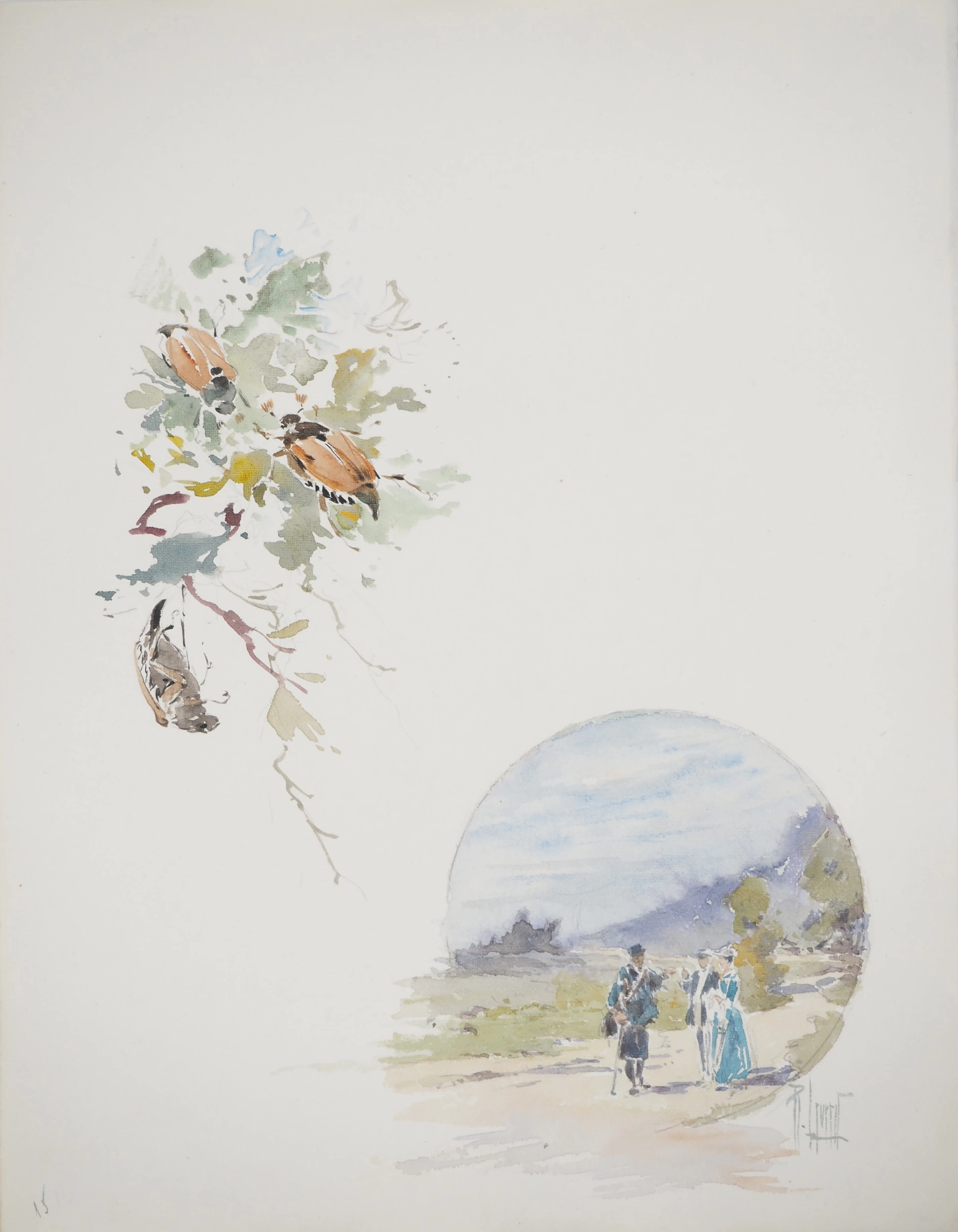 René LEVERD : Suisse, Promenade champêtre et insectes, Aquarelle originale