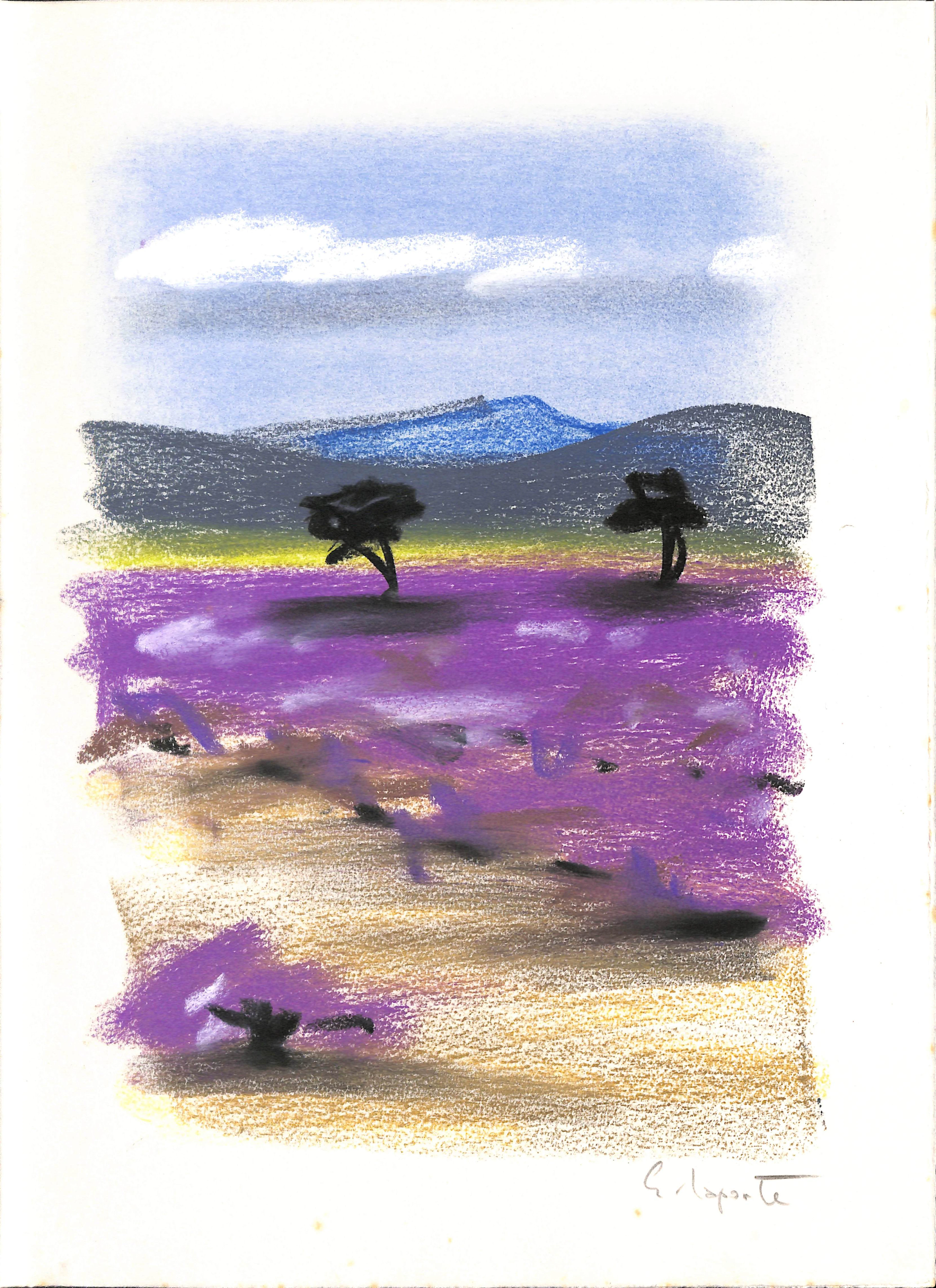 Georges LAPORTE - Dans un champ de lavande, 1974 - Dessin original