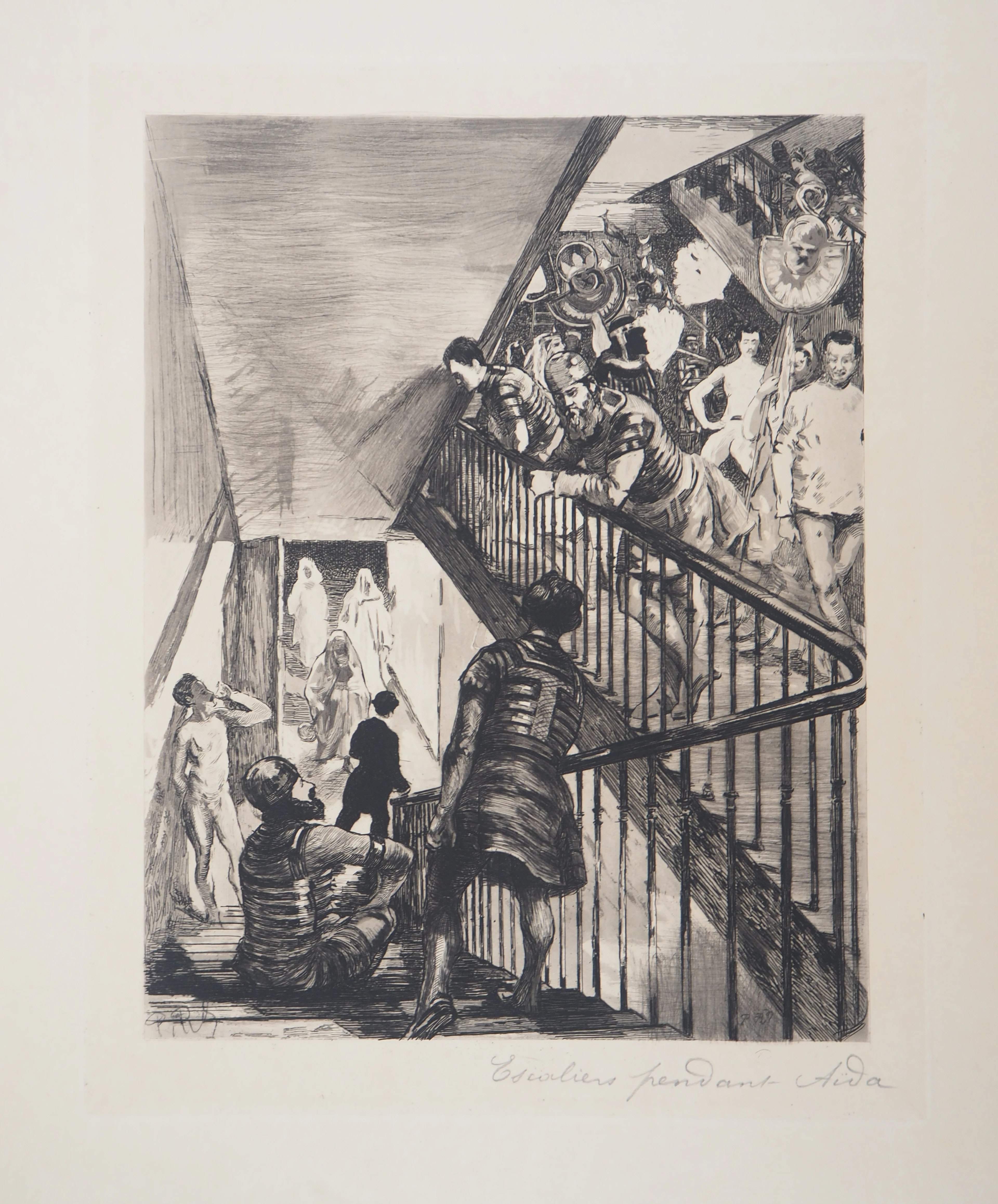 Paul Renouard - L’Opéra : Escalier pendant Aida, 1893 - Gravure originale