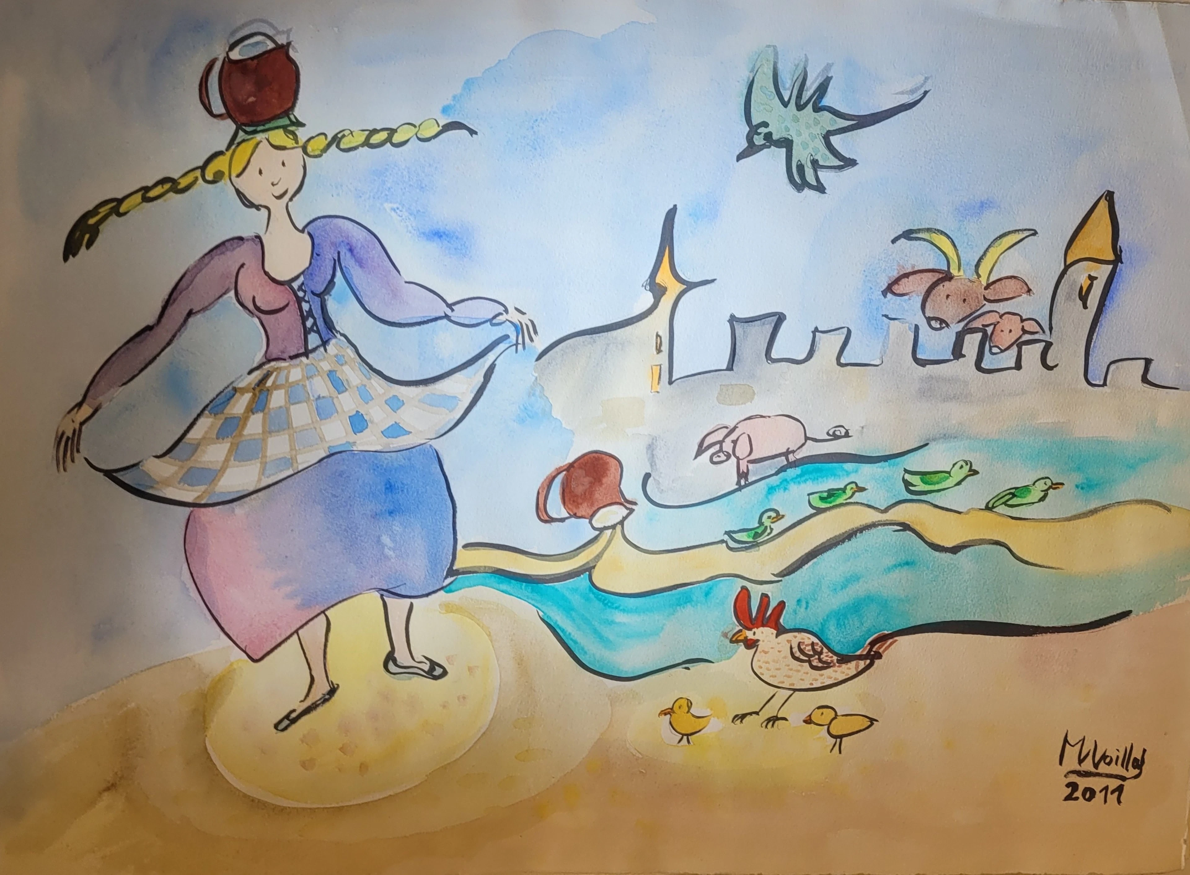 Marie VOILLAT - Perrette et le pot au lait, 2011 - Aquarelle originale signée