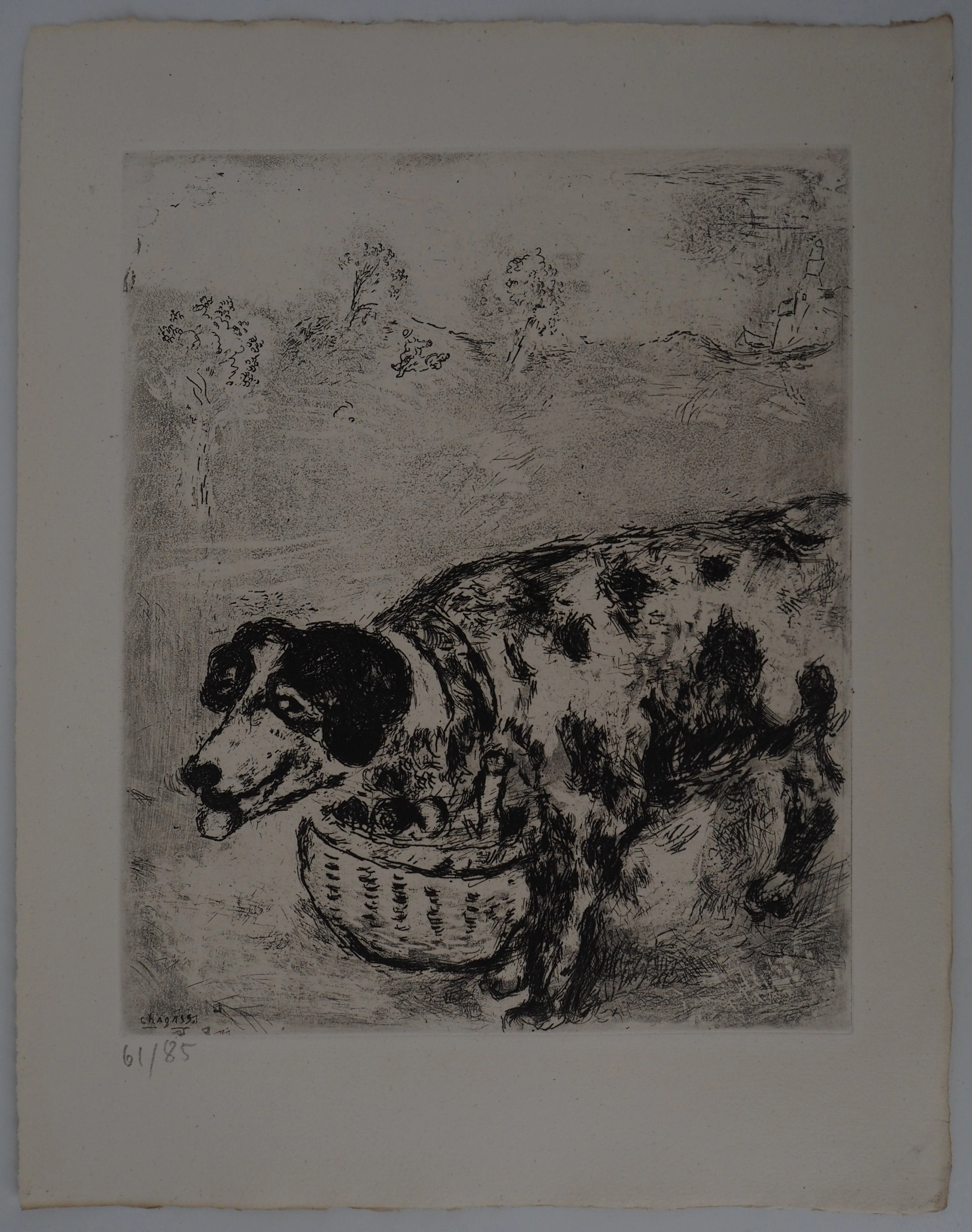 Marc CHAGALL : Le chien au panier, Gravure originale signée