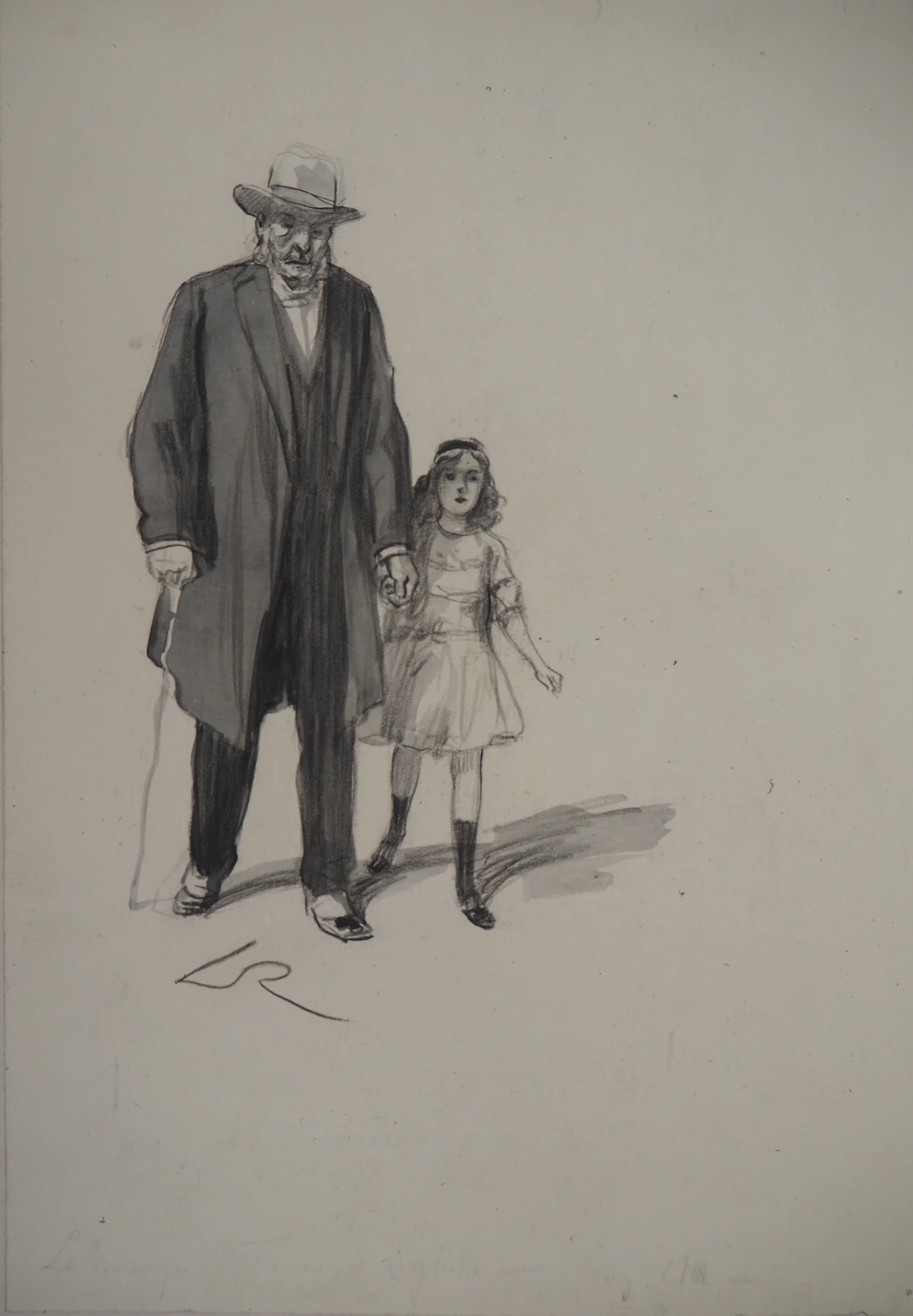 Alméry LOBEL-RICHE : Grand père et sa petite fille - Dessin original, Signé