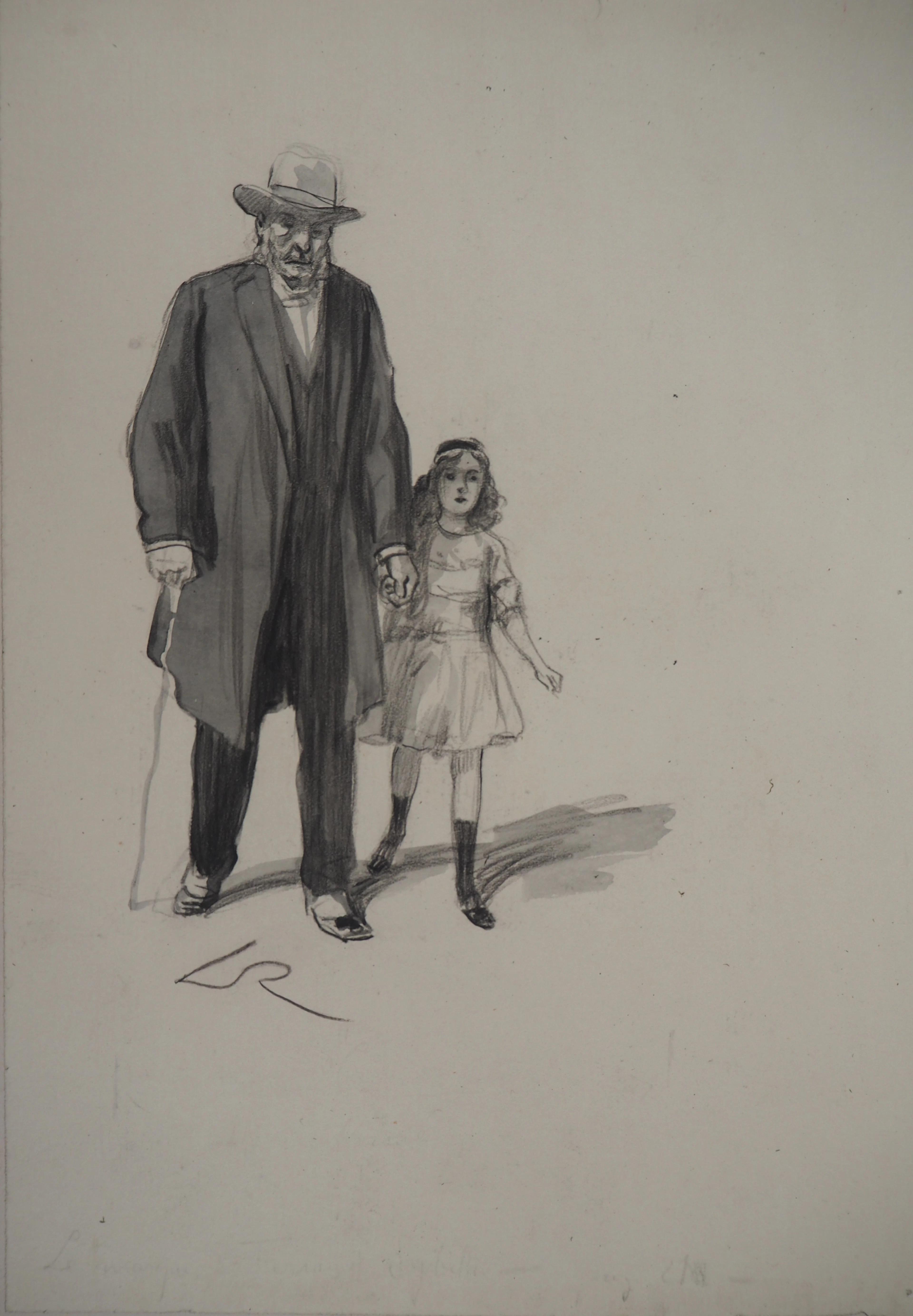 Alméry LOBEL-RICHE : Grand père et sa petite fille - Dessin original, Signé
