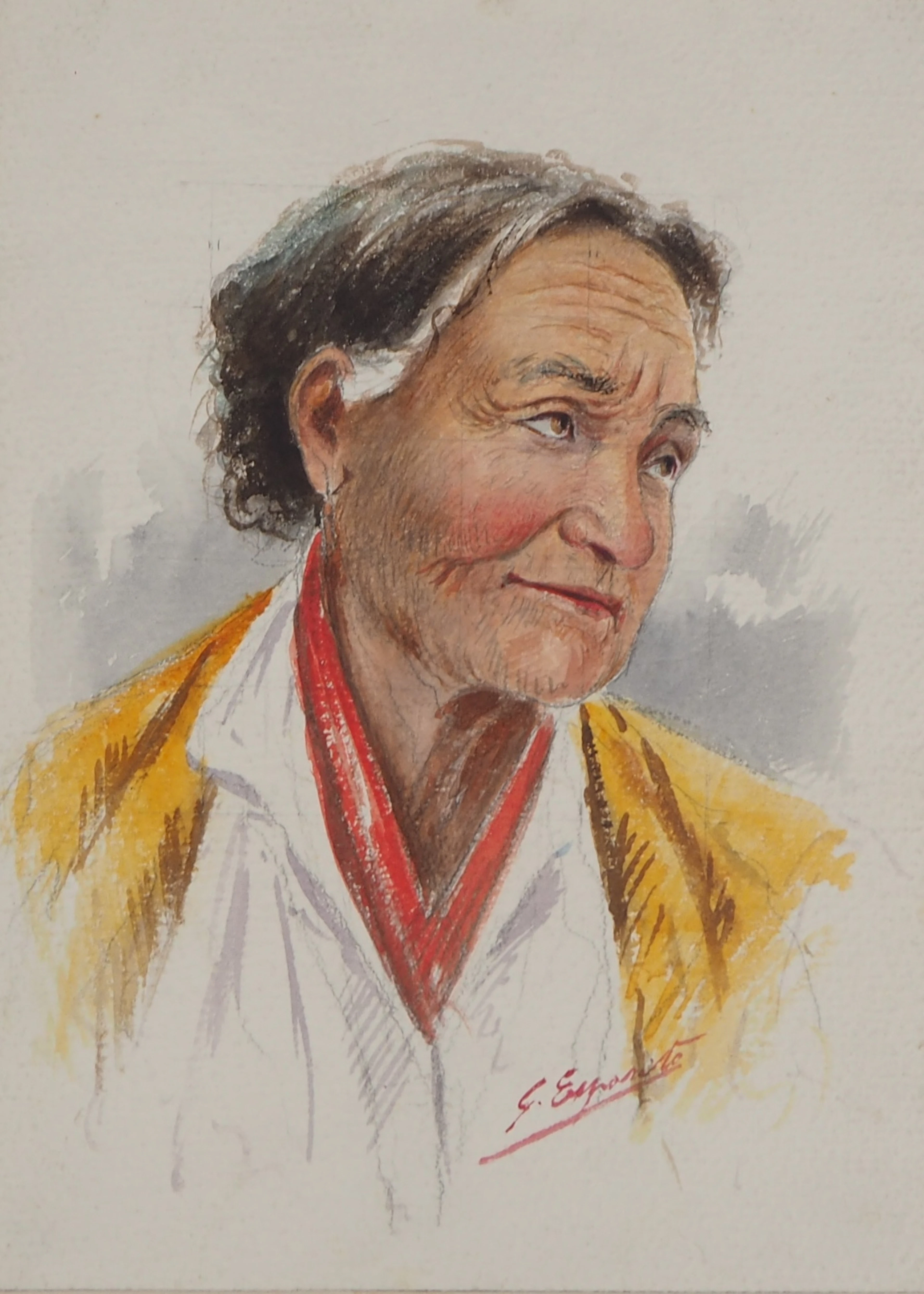 Gaetano ESPOSITO - Portrait de vieille dame - Aquarelle signée