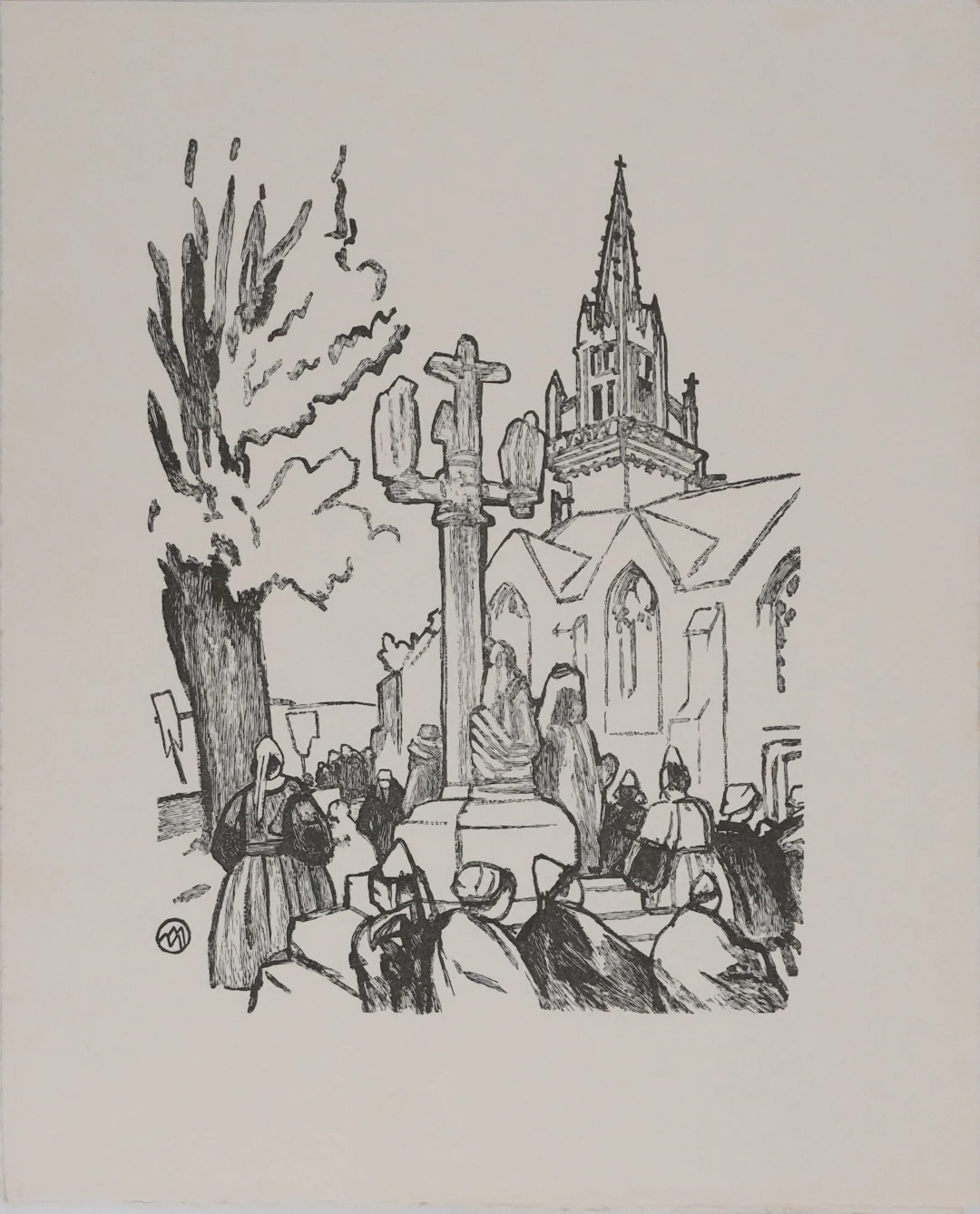 Mathurin MEHEUT : Bretagne, Pèlerins devant l’église (Noir), Gravure