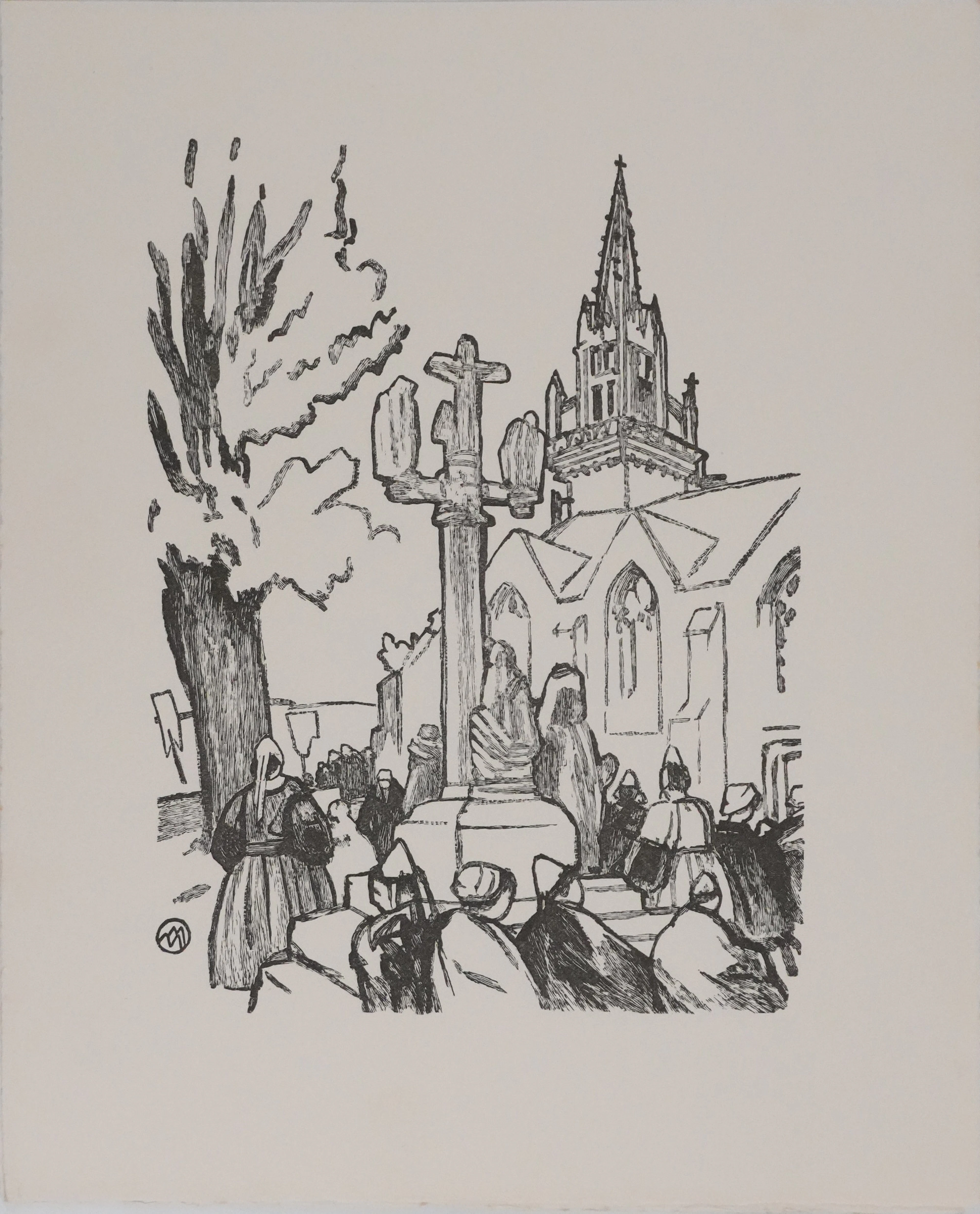 Mathurin MEHEUT : Bretagne, Pèlerins devant l’église (Noir), Gravure