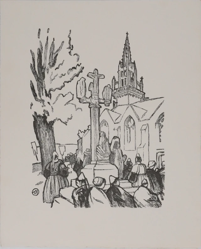 Mathurin MEHEUT : Bretagne, Pèlerins devant l’église (Noir), Gravure