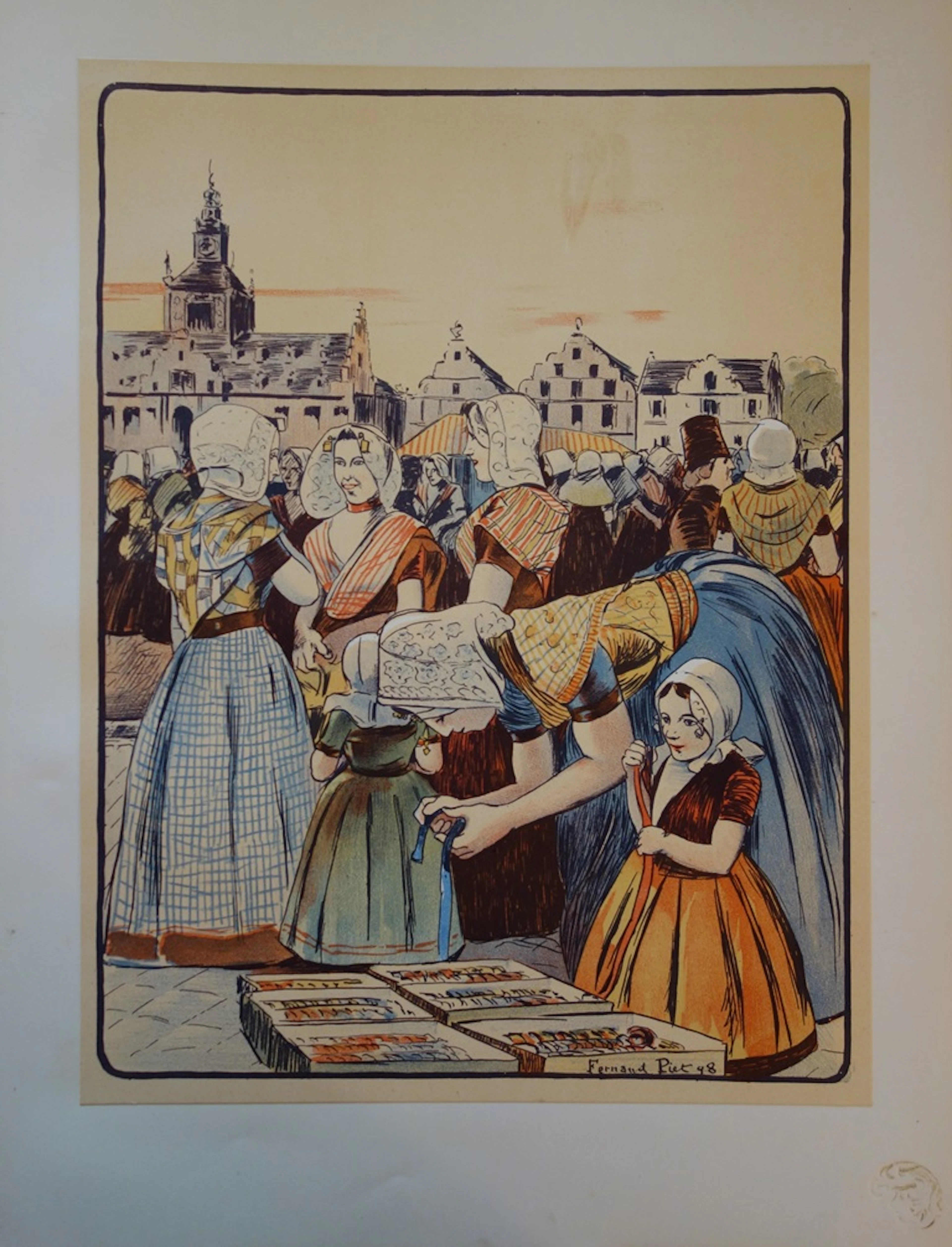 Fernand PIET - Un marché en Zélande, 1897 - Lithographie originale signée