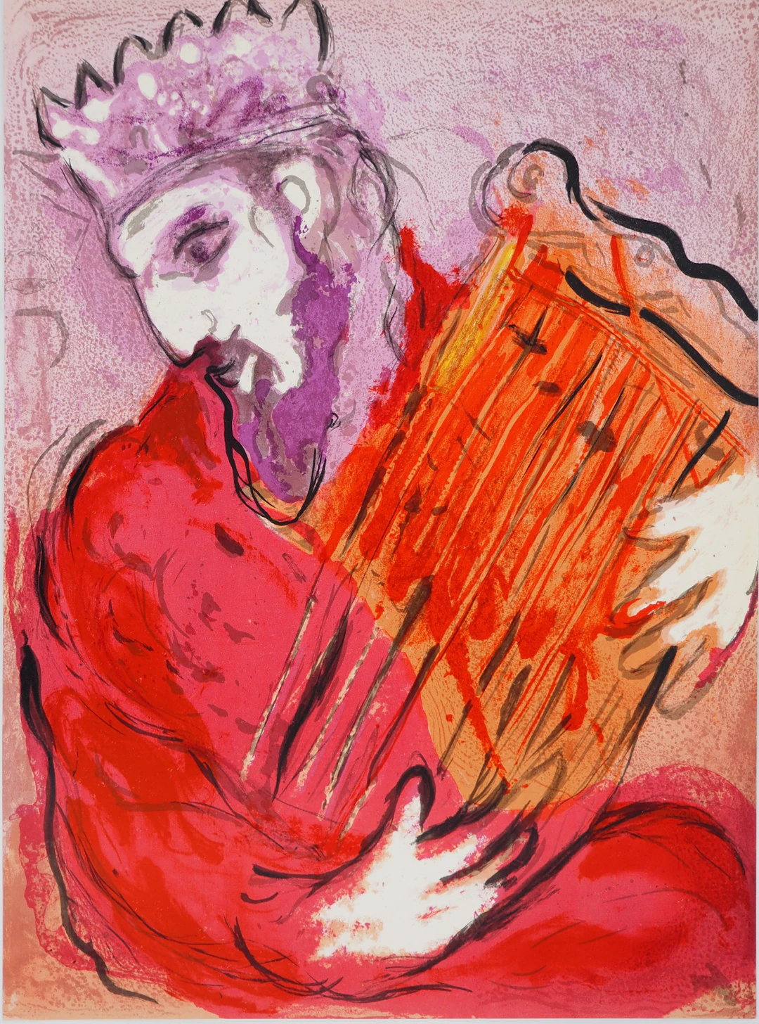 Marc CHAGALL : La Bible, Le roi à la harpe, Lithographie originale