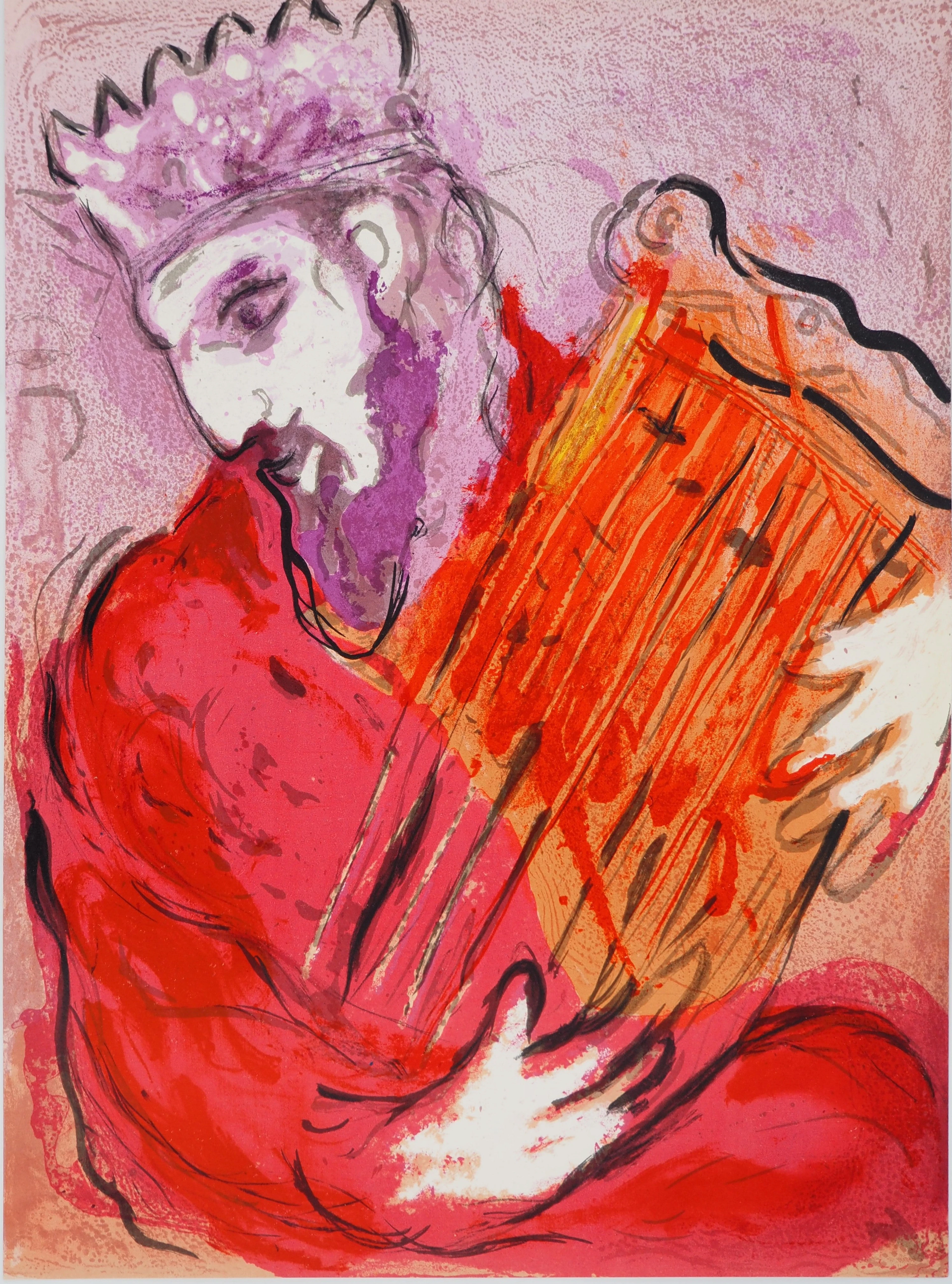 Marc CHAGALL : La Bible, Le roi à la harpe, Lithographie originale