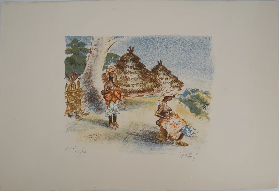 André VILLEBOEUF (1893-1956), Femmes africaines au village - Lithographie