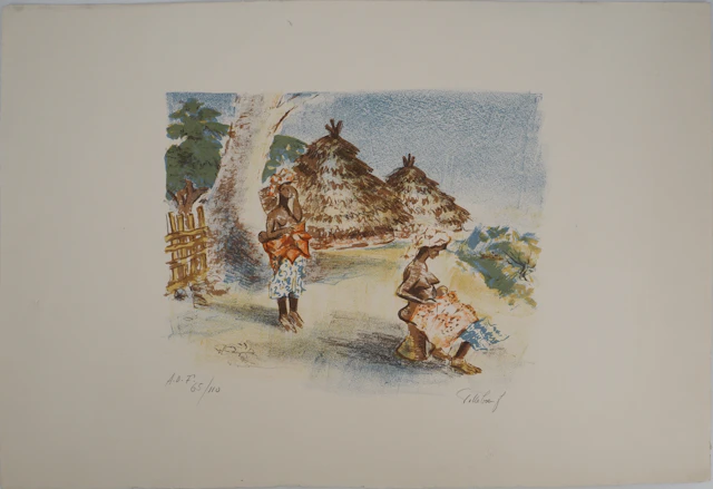 André VILLEBOEUF (1893-1956), Femmes africaines au village - Lithographie