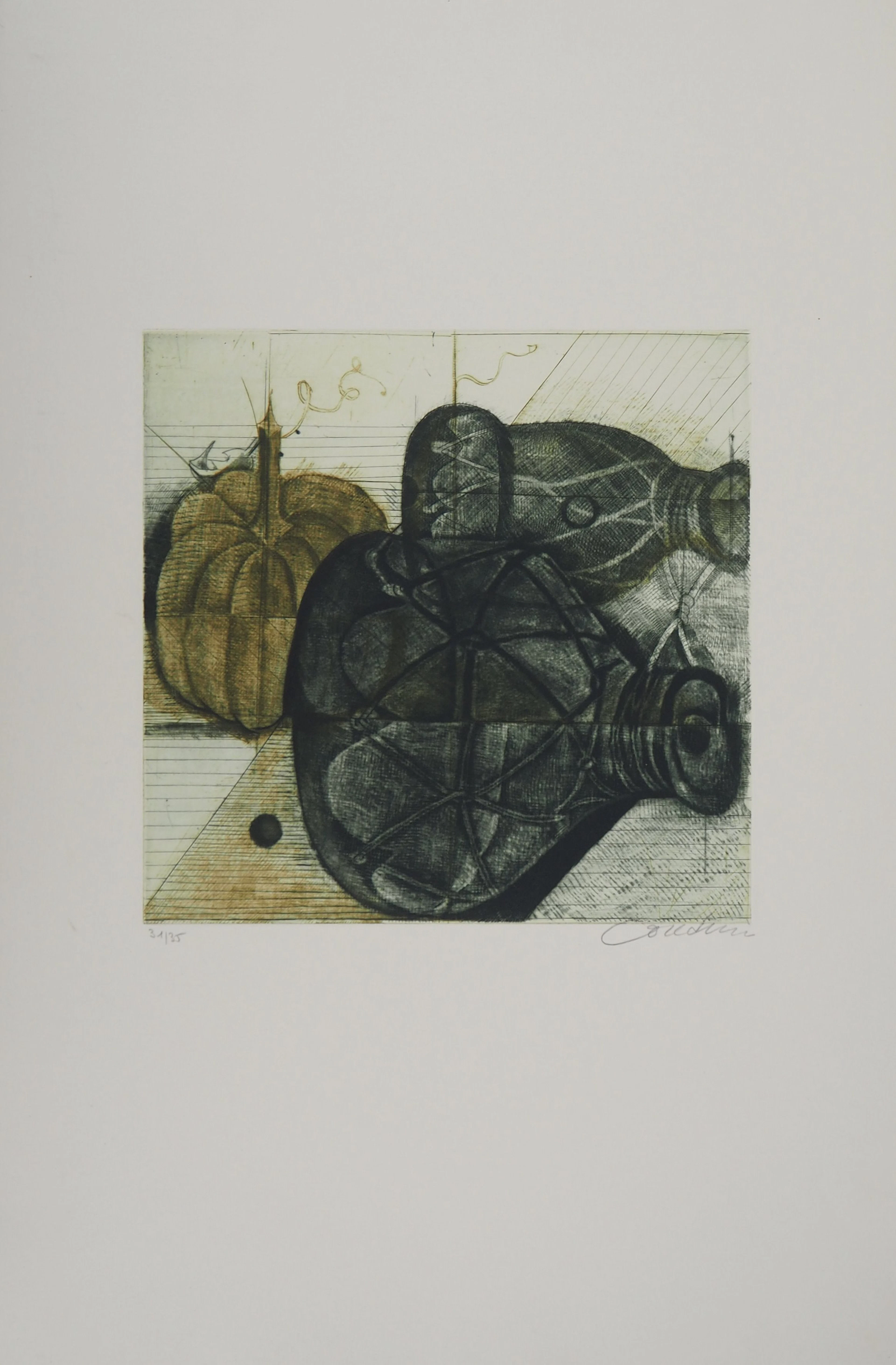Brigitte COUDRAIN : Nature morte aux bouteilles - Gravure originale signée