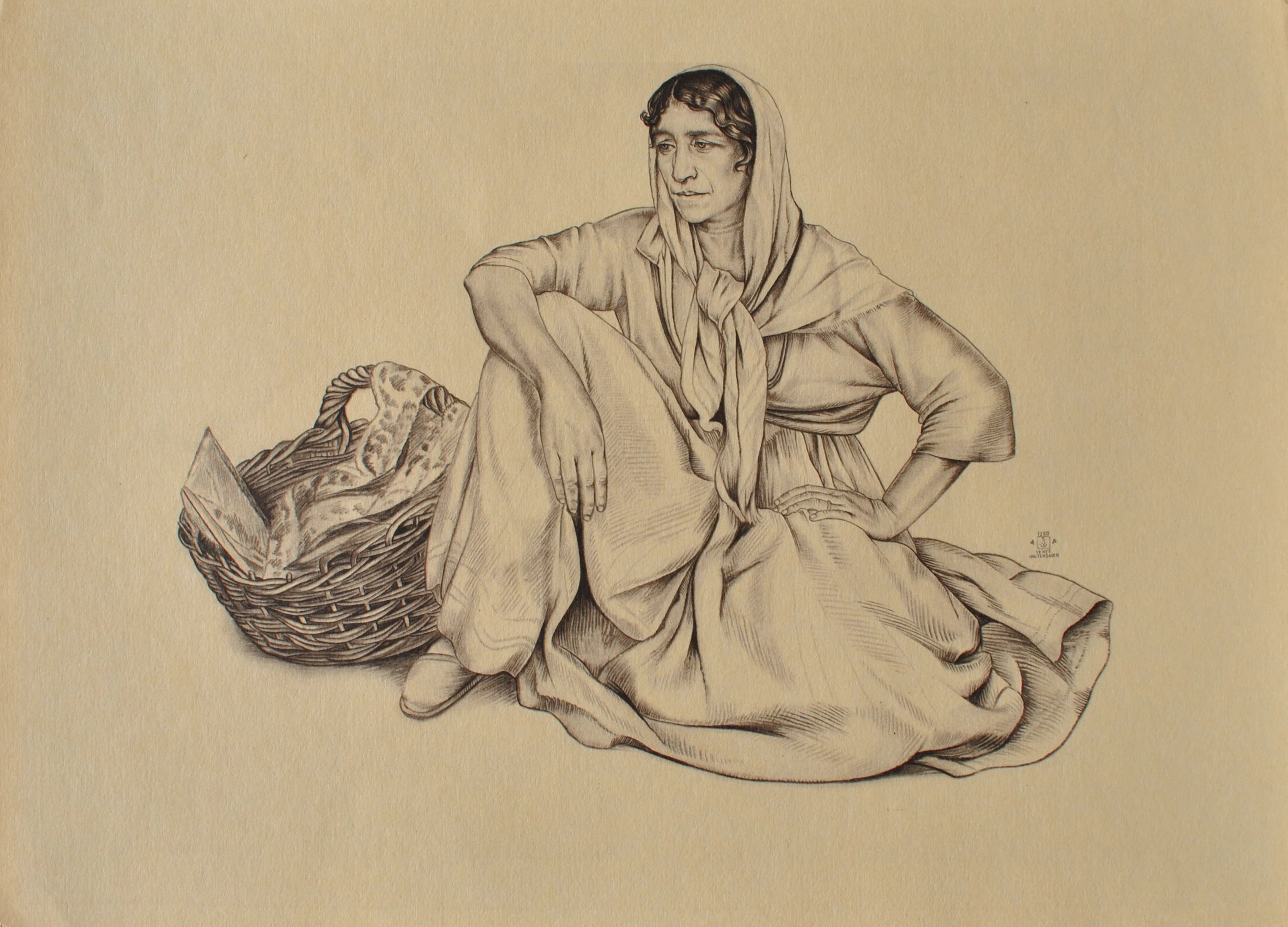 Walter SAUER : Gitane assise, Gravure signée