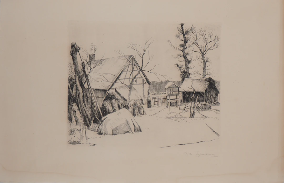 Eugene Corneau - Ferme sous la neige - Gravure originale signée