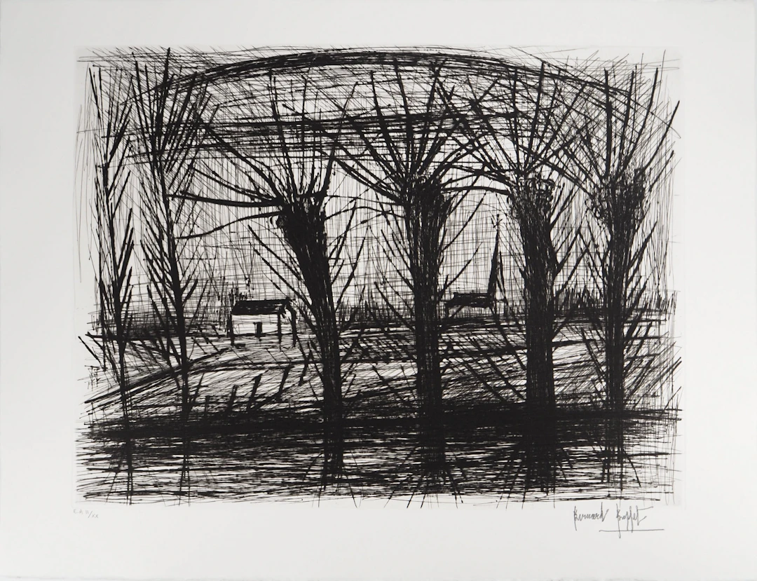 Bernard BUFFET : Saules au bord de la rivière, Gravure originale signée
