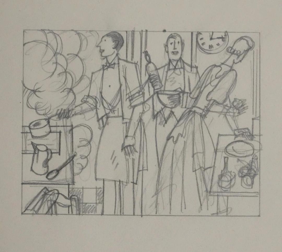 Jean-Emile LABOUREUR : En cuisine, Dessin original