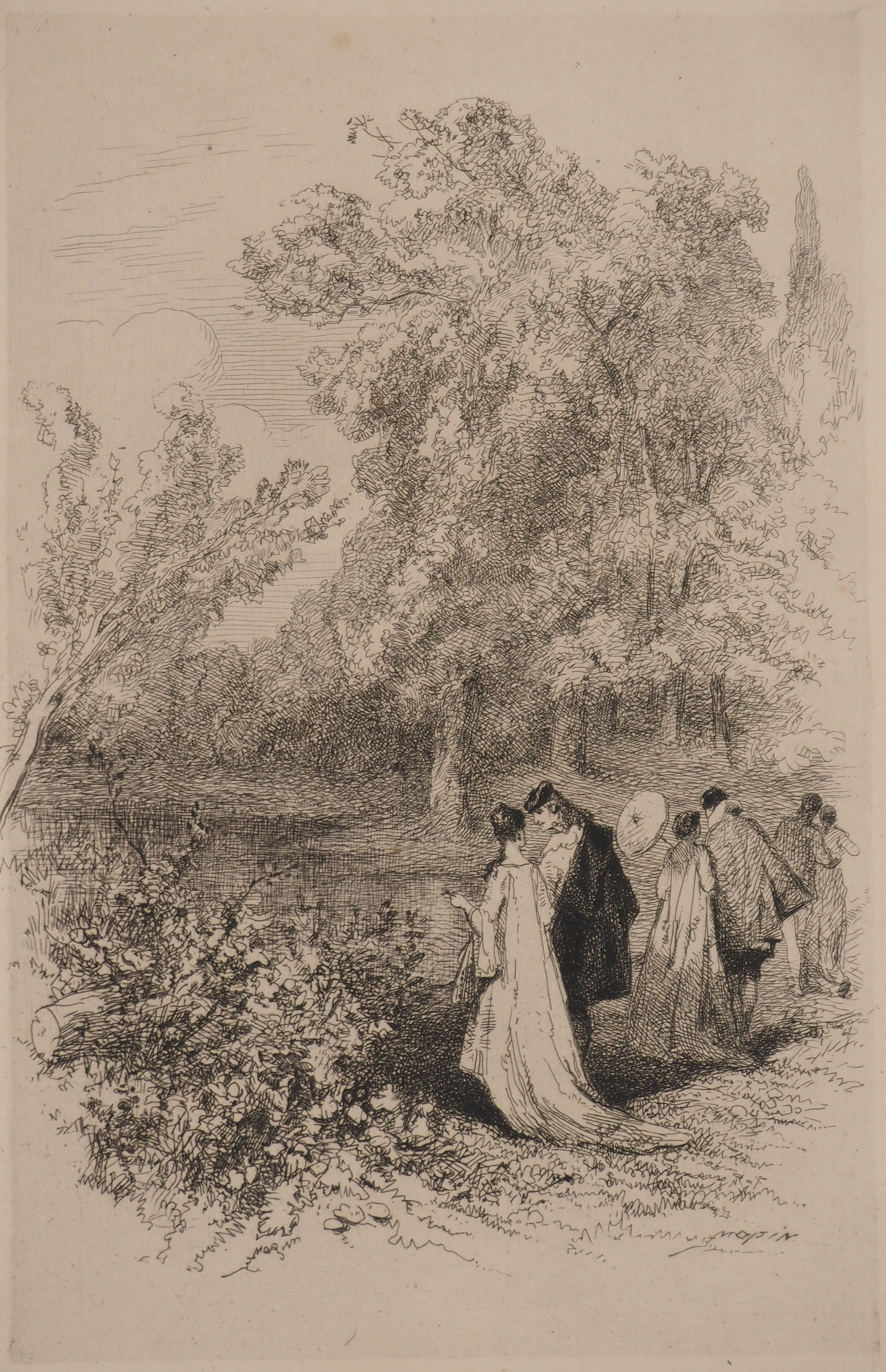 Edmond MORIN : Promenade Galante, Gravure originale signée