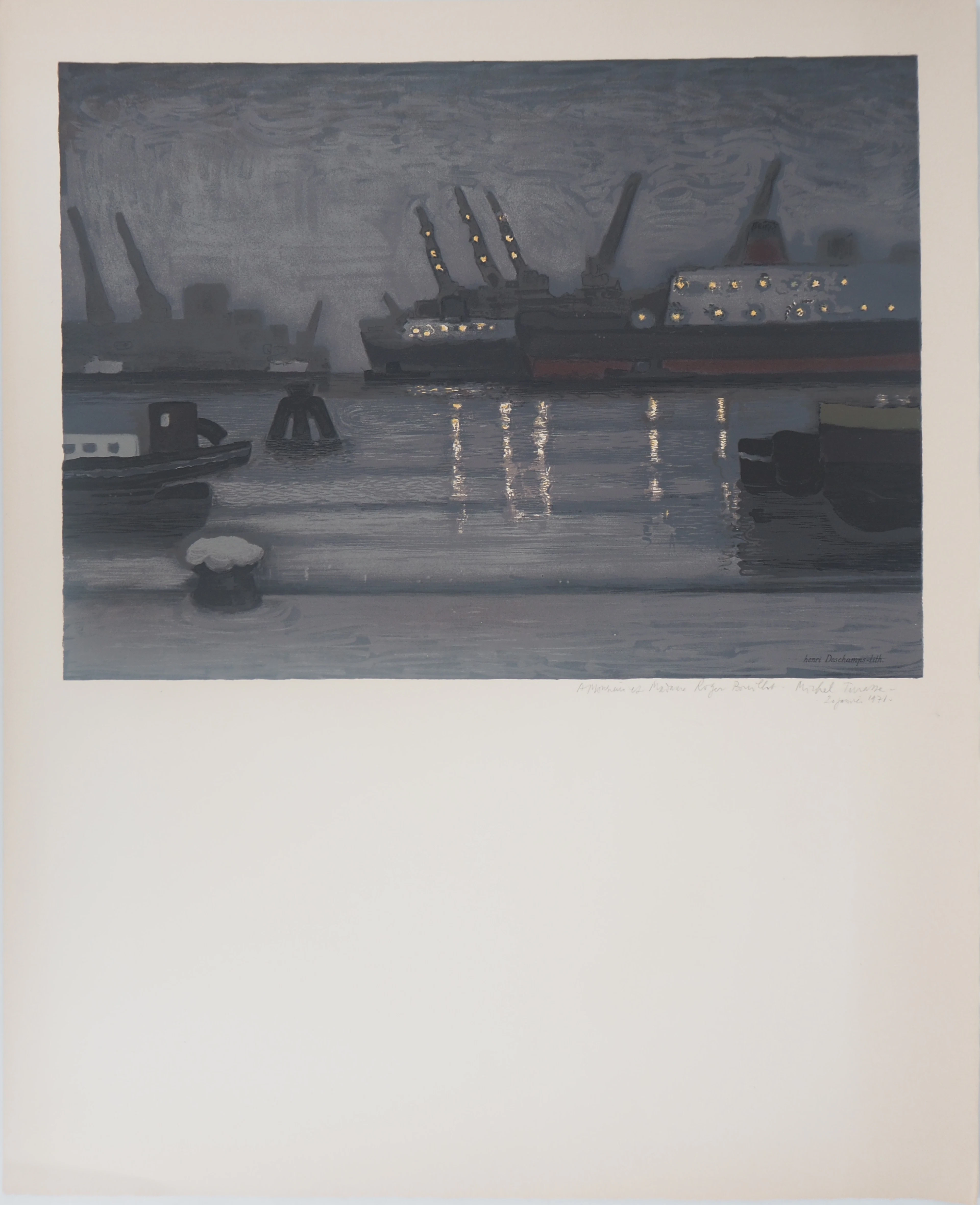 Michel TERRASSE - Port à la nuit tombée, 1971 - Lithographie originale signée