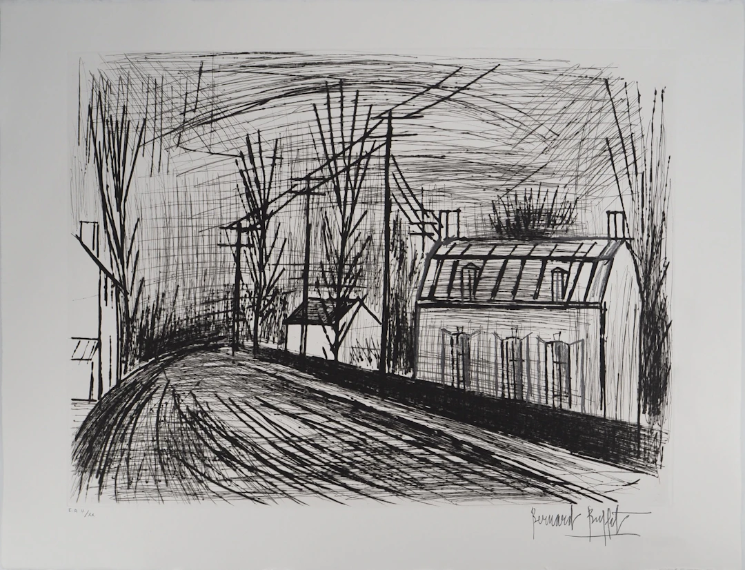 Bernard BUFFET : Route de campagne, le virage, Gravure originale réhaussée
