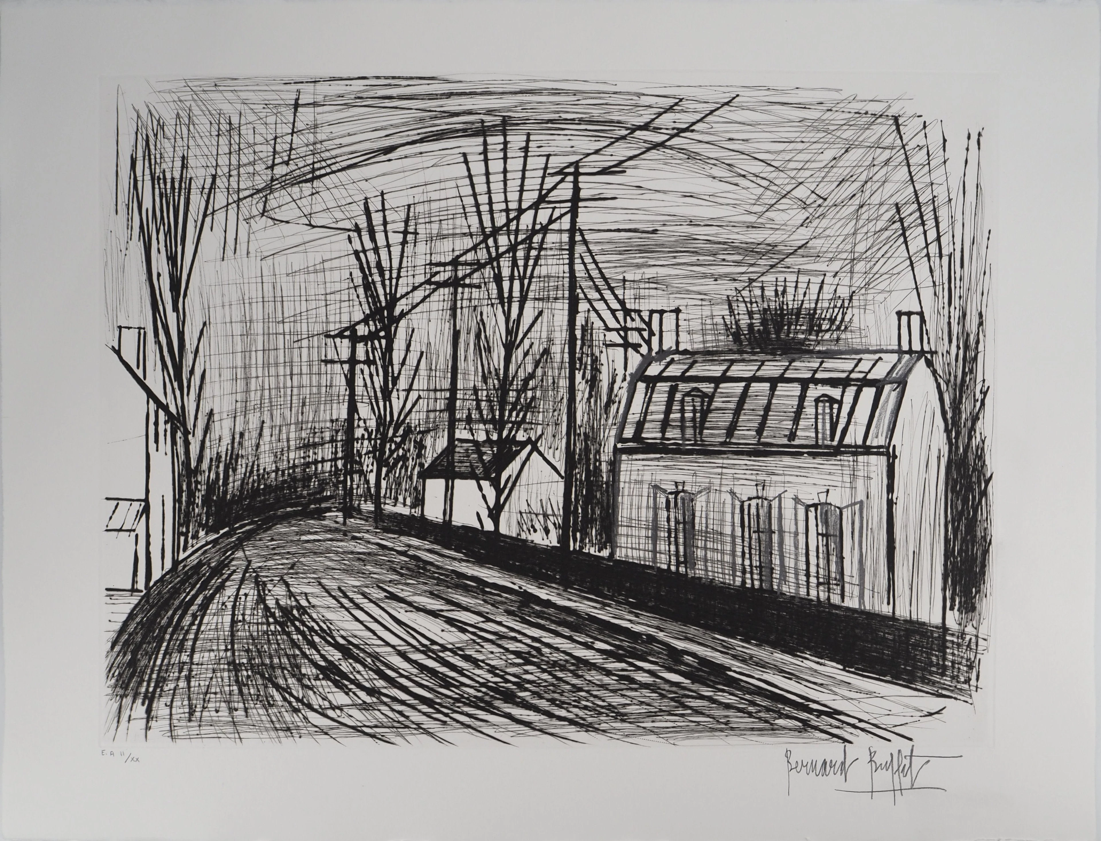 Bernard BUFFET : Route de campagne, le virage, Gravure originale réhaussée