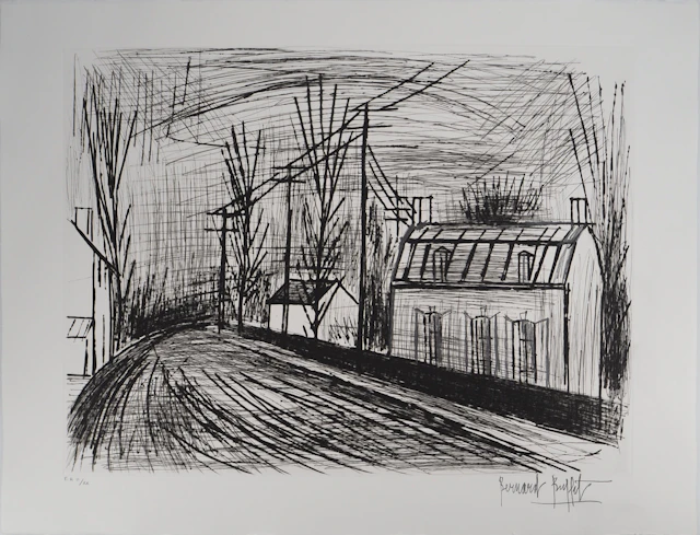 Bernard BUFFET : Route de campagne, le virage, Gravure originale réhaussée