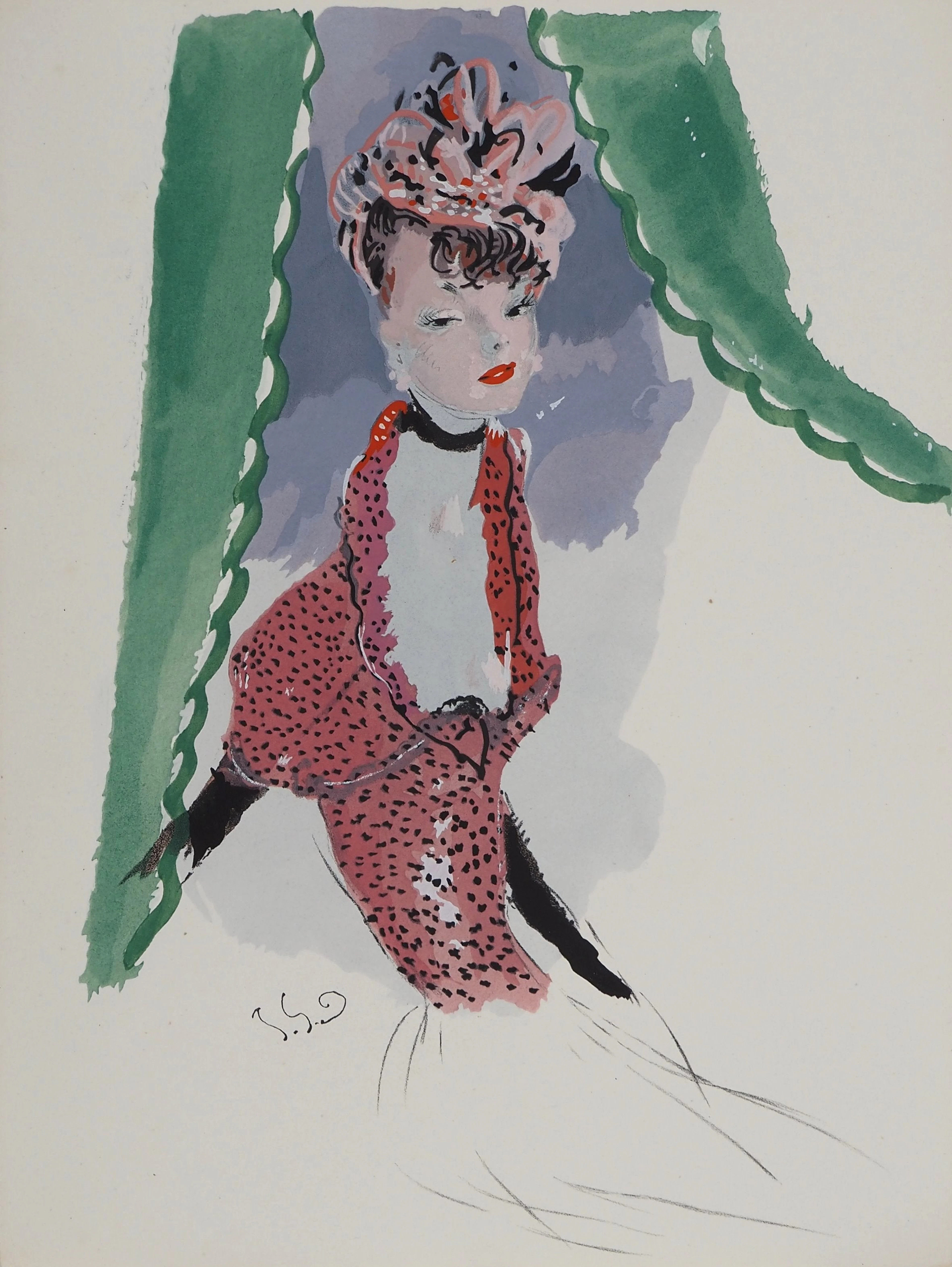 Jean-Gabriel DOMERGUE : L'élégante au bibi rose, Lithographie et pochoir signée