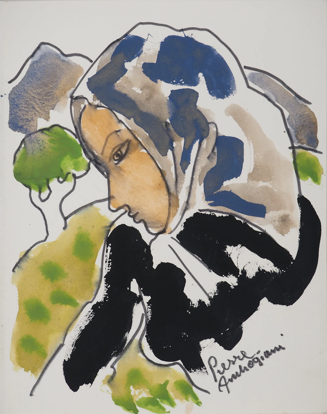 Pierre AMBROGIANI : La paysanne, Aquarelle originale signée