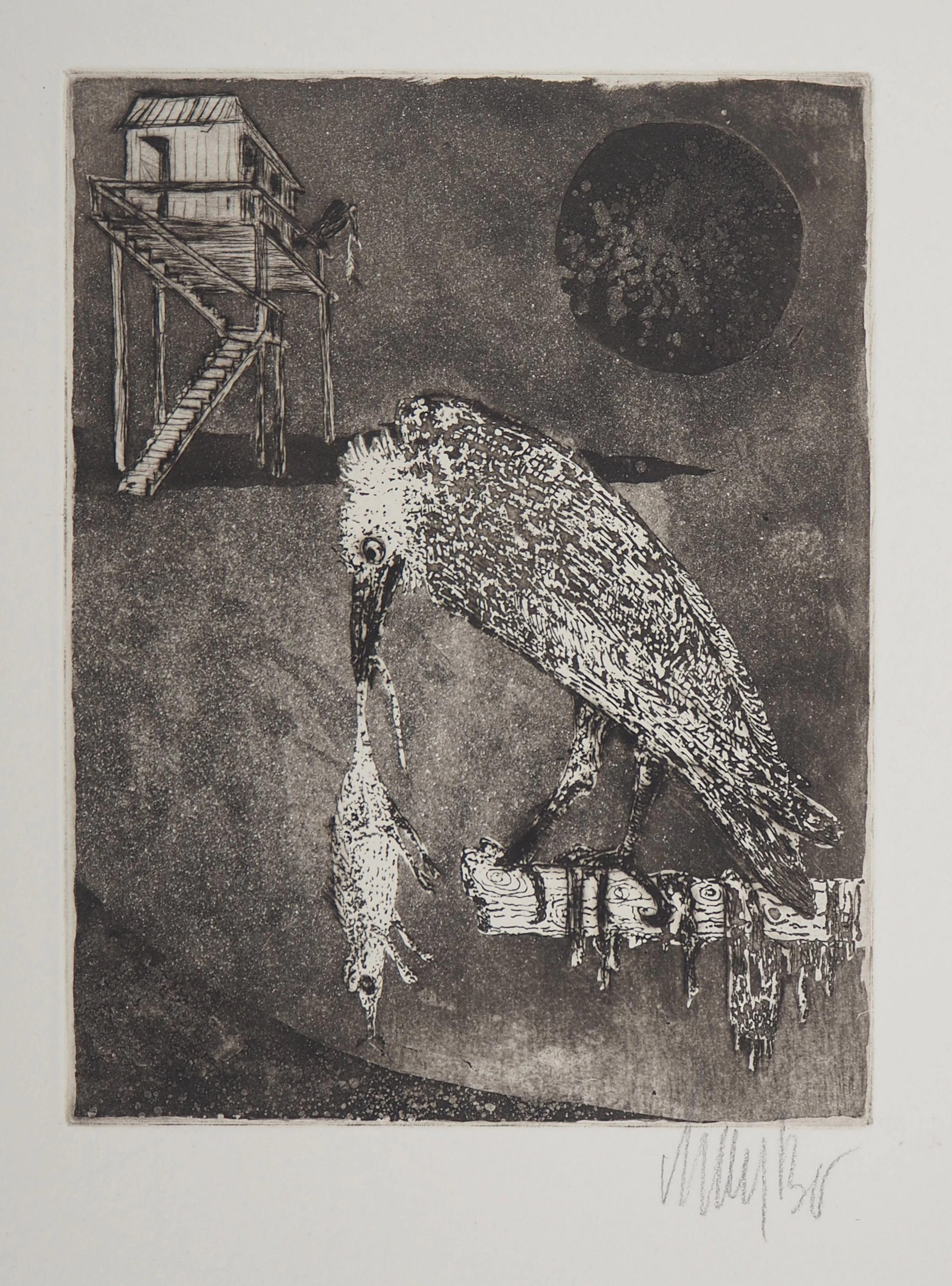 Lars BO : Prédateurs sous la lune noire - Gravure originale signée au crayon
