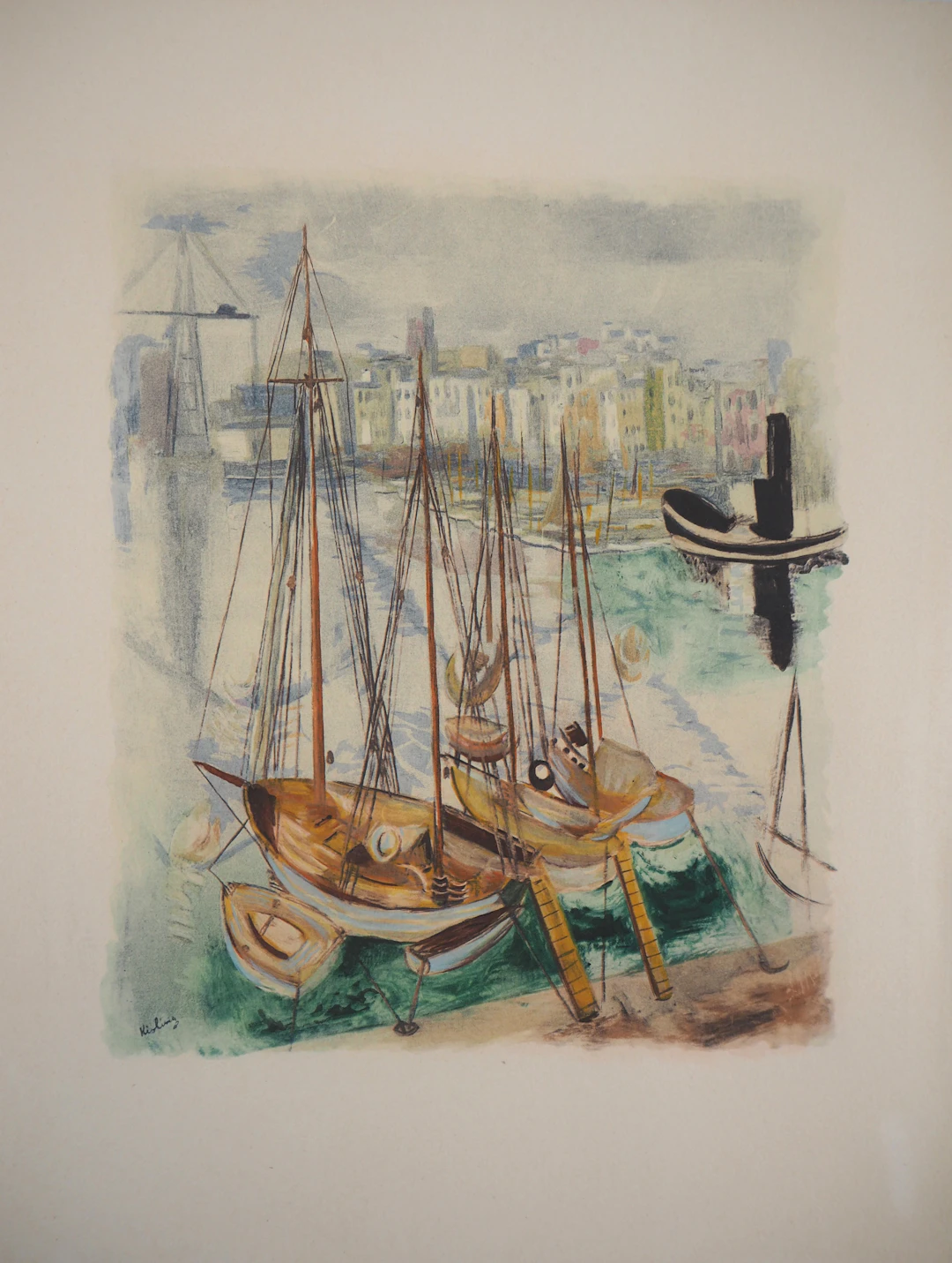 Moïse KISLING : Provence, les voiliers au mouillage - Lithographie Originale