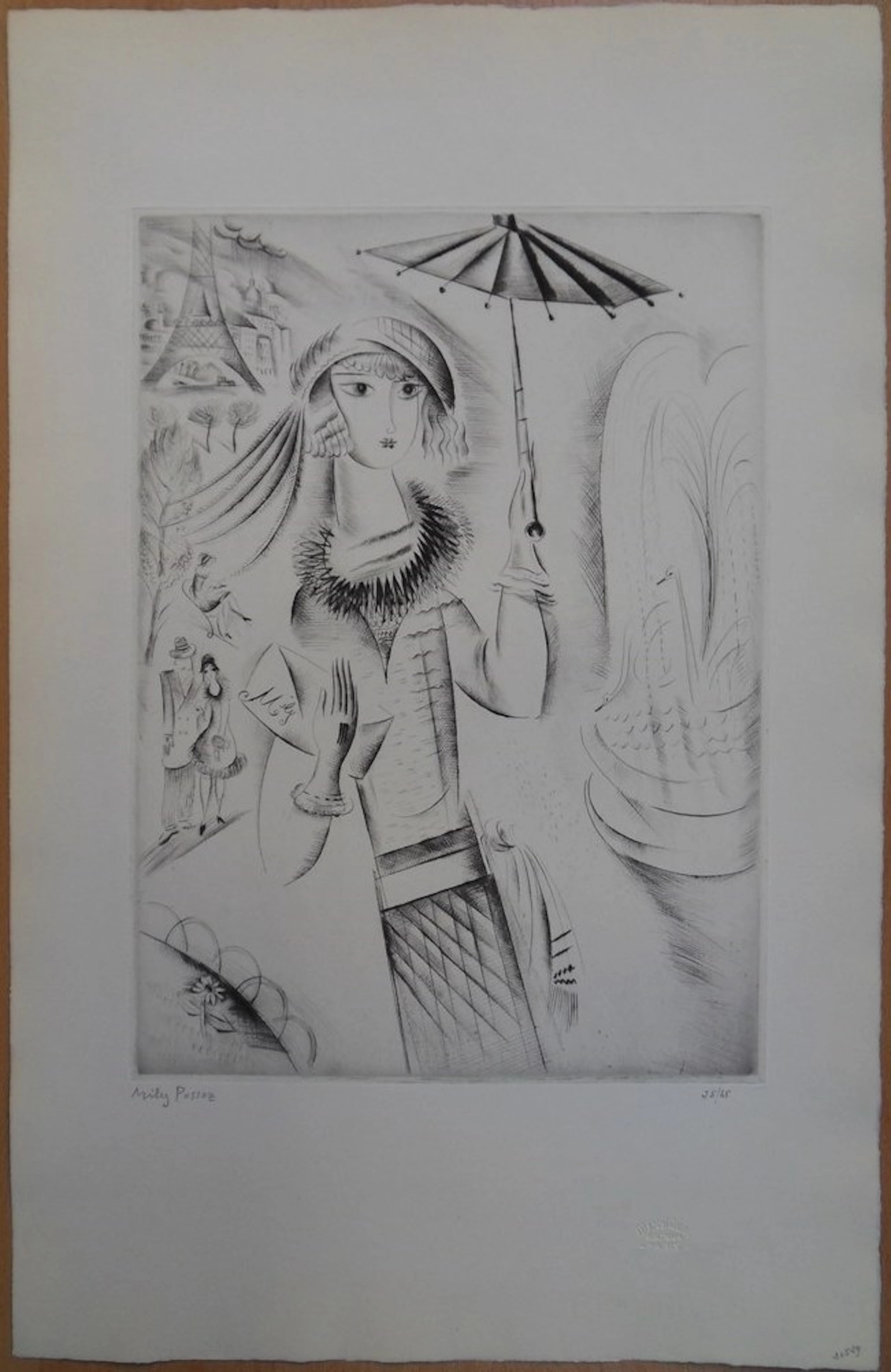 Mily POSSOZ : Jeune fille à l’ombrelle - Gravure originale signée