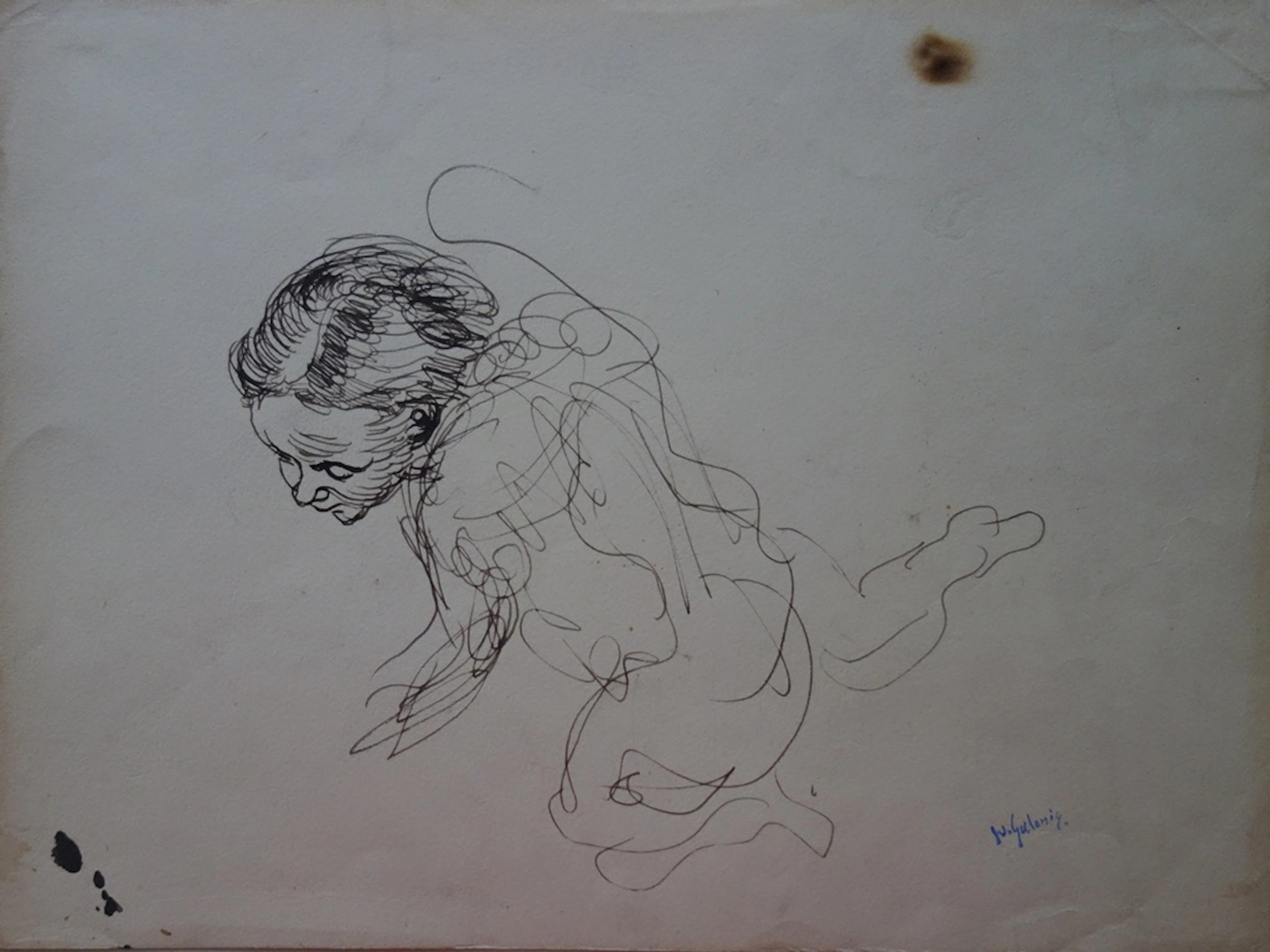 Demetrios GALANIS : Etude de modèle à genoux - Dessin original signé