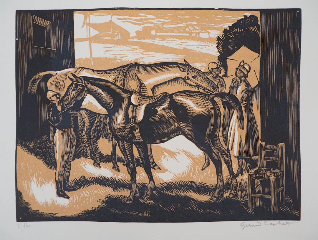 Gérard COCHET : Chevaux avant la course, 1926 - Bois gravé original signé