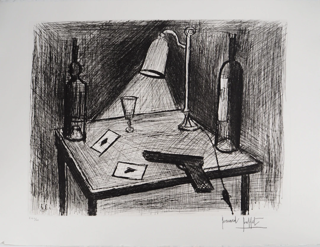 Bernard BUFFET : Le jeu de cartes, le pistolet, Gravure originale signée