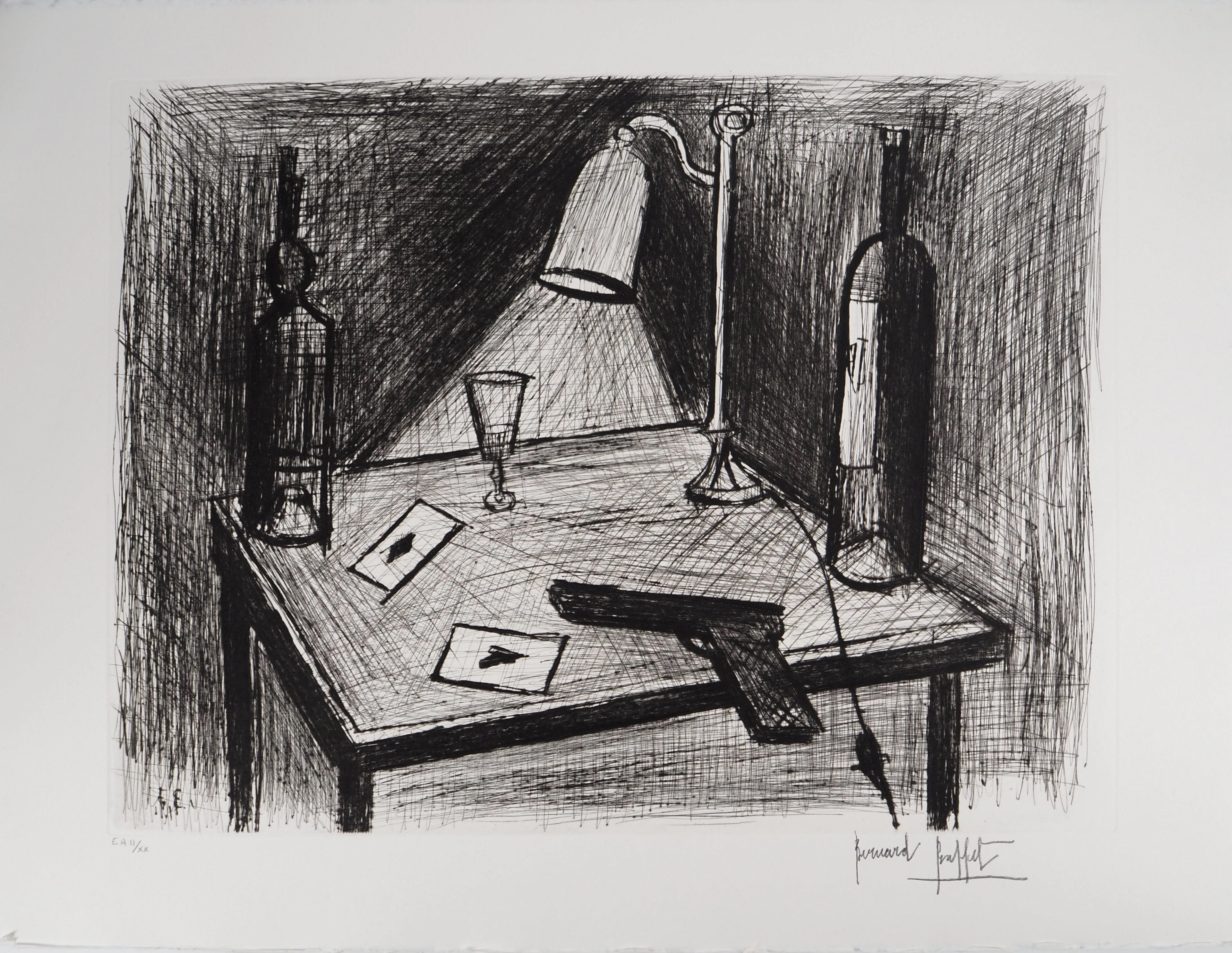 Bernard BUFFET : Le jeu de cartes, le pistolet, Gravure originale signée
