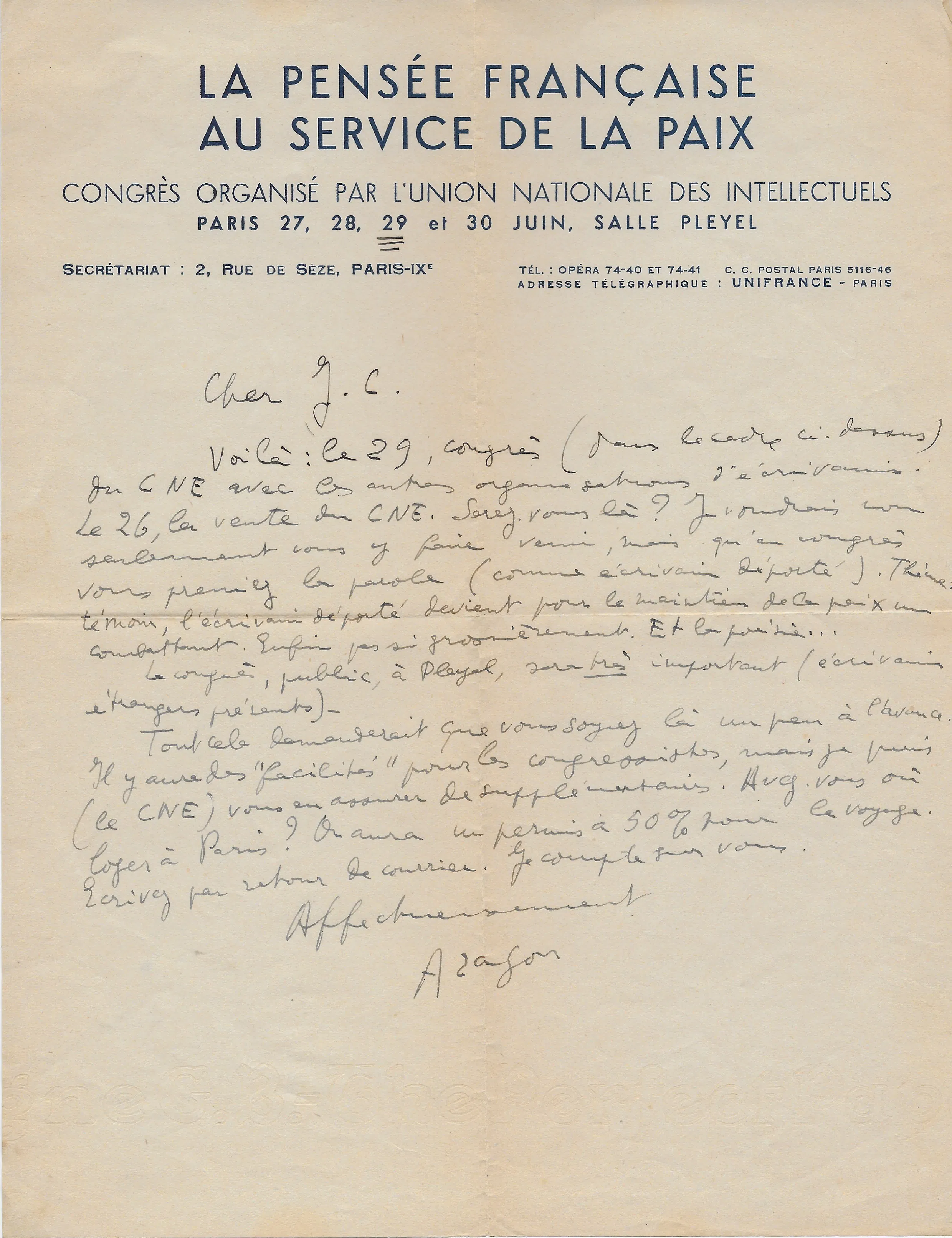 Louis ARAGON – Lettre autographe signée