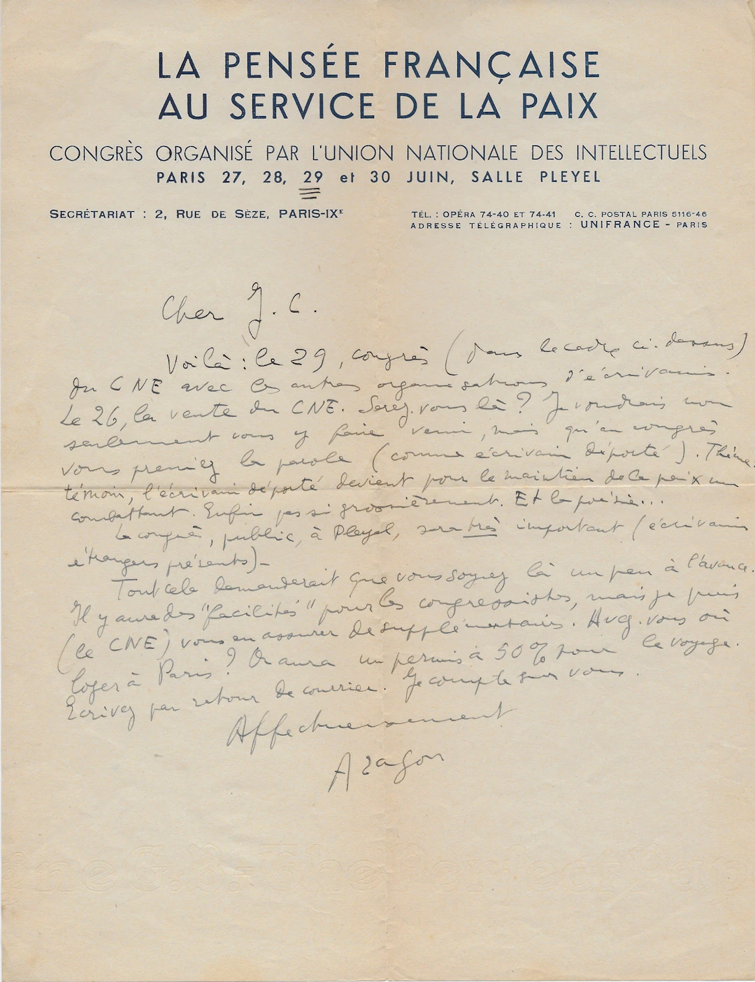 Louis ARAGON – Lettre autographe signée