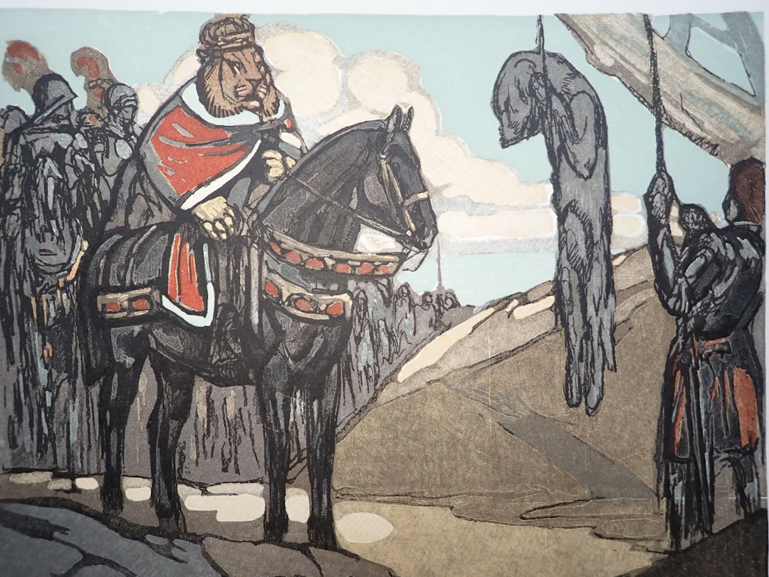 Paul JOUVE - Le roi devant le trophée - Gravure sur bois