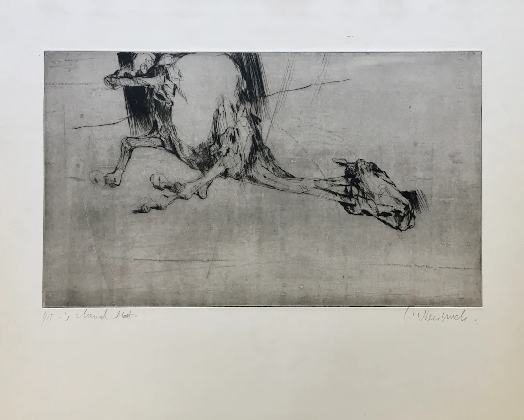 Claude WEISBUCH - Le cheval mort, 1950 - Pointe-sèche originale signée