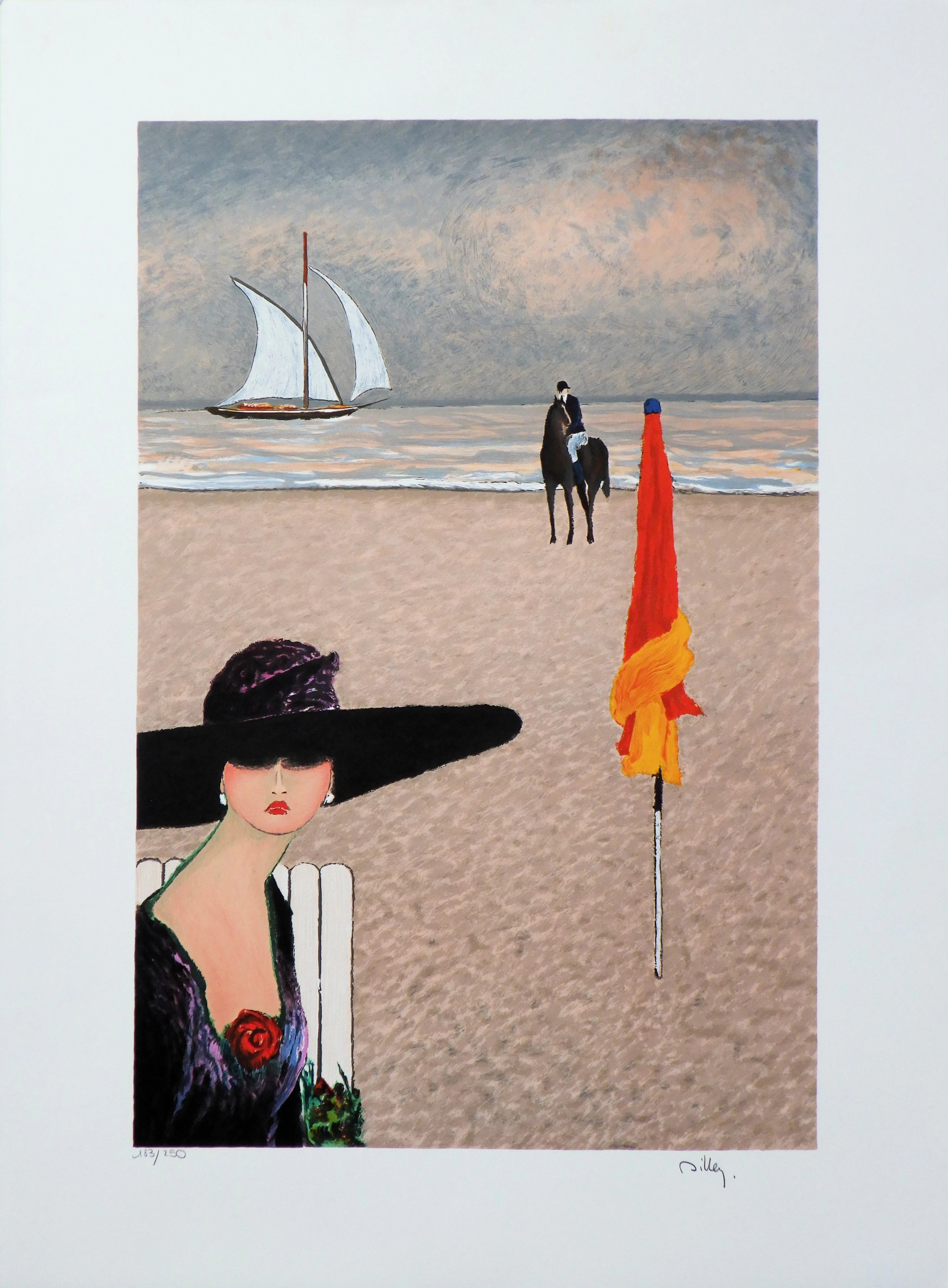 Ramon DILLEY : Elégante à Deauville, Lithographie originale signée