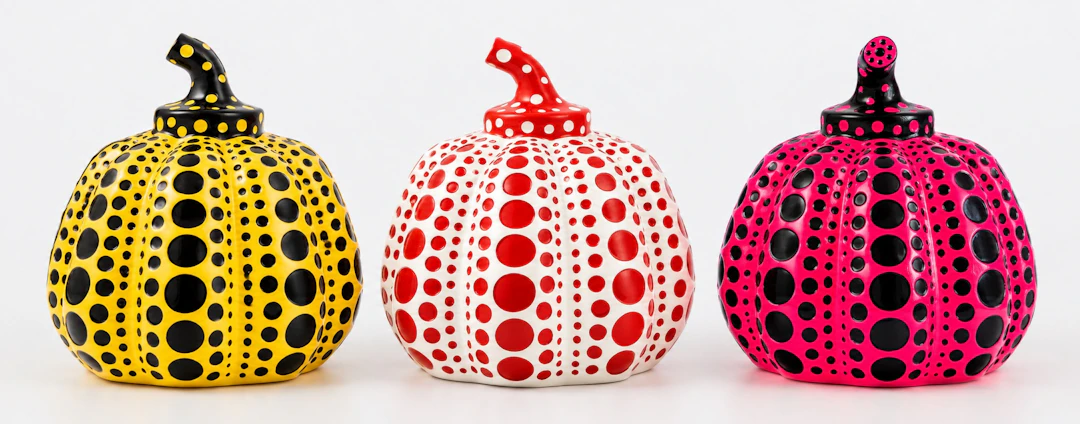 Yayoi KUSAMA - ensemble de 3 Mini Pumpkins (Yellow / Red / Pink) -