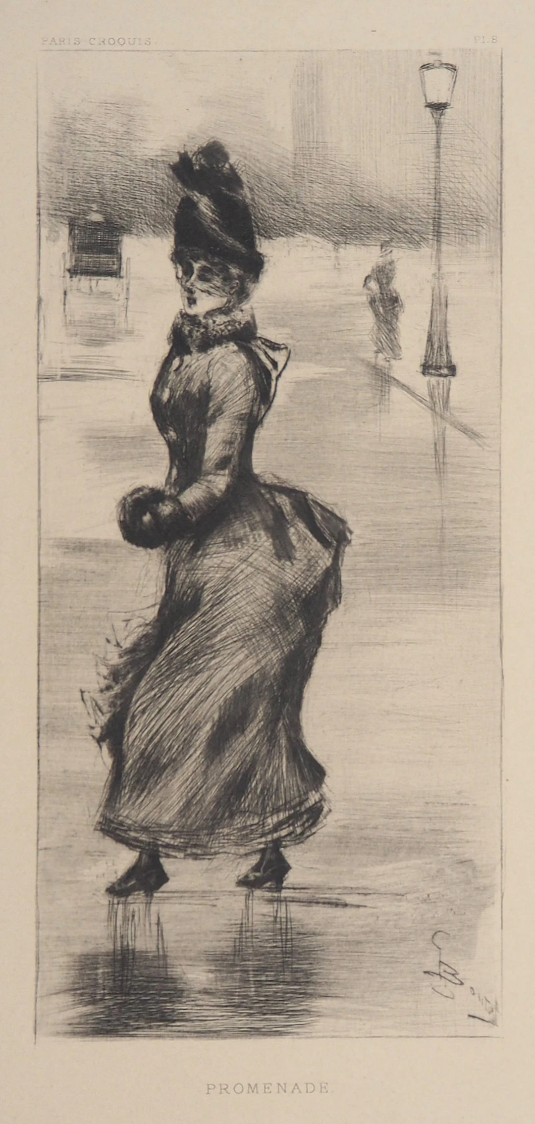 Henri BOUTET : Femme élégante : Promenade à Paris - Gravure originale signée