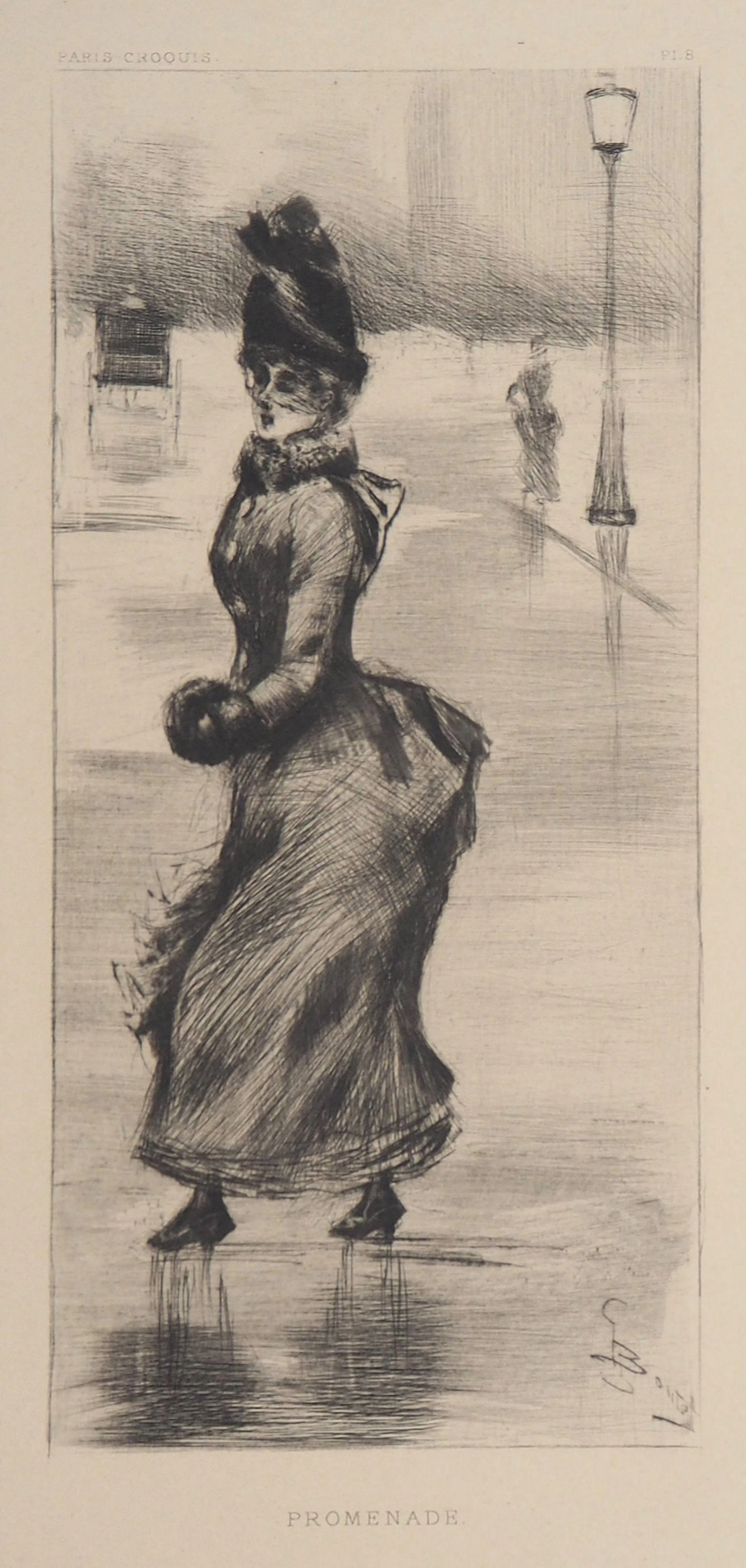 Henri BOUTET : Femme élégante : Promenade à Paris - Gravure originale signée