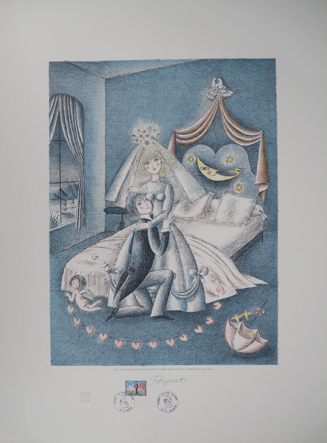 Raymond Peynet - Les amoureux : nuit d'amour - Lithographie originale Signée