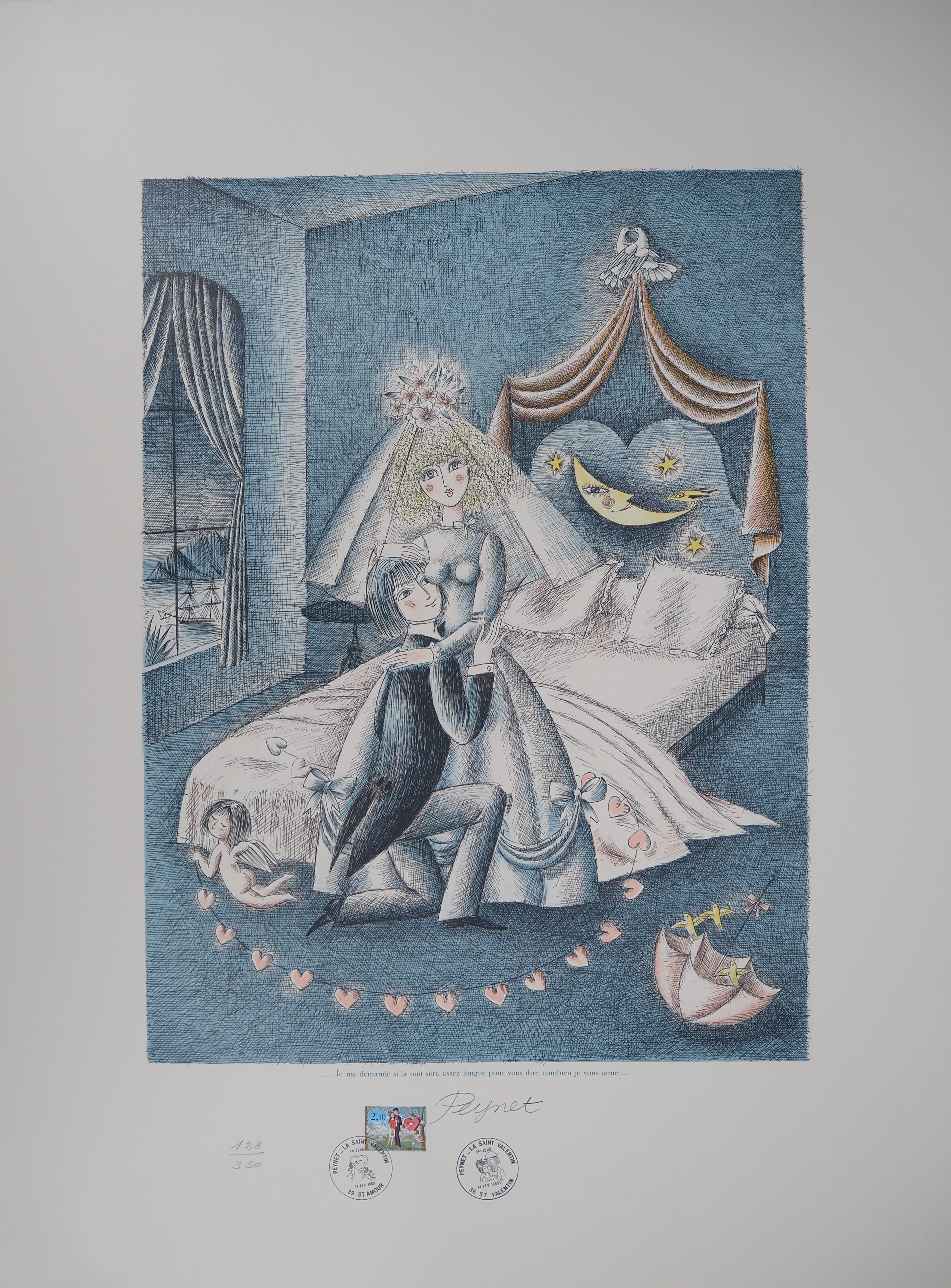Raymond Peynet - Les amoureux : nuit d'amour - Lithographie originale Signée