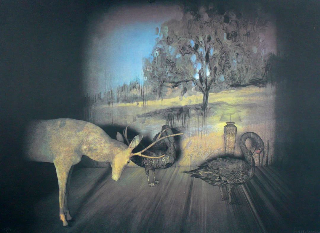 Francisco LARIOS - Cerf et oies, 1990, Lithographie signée