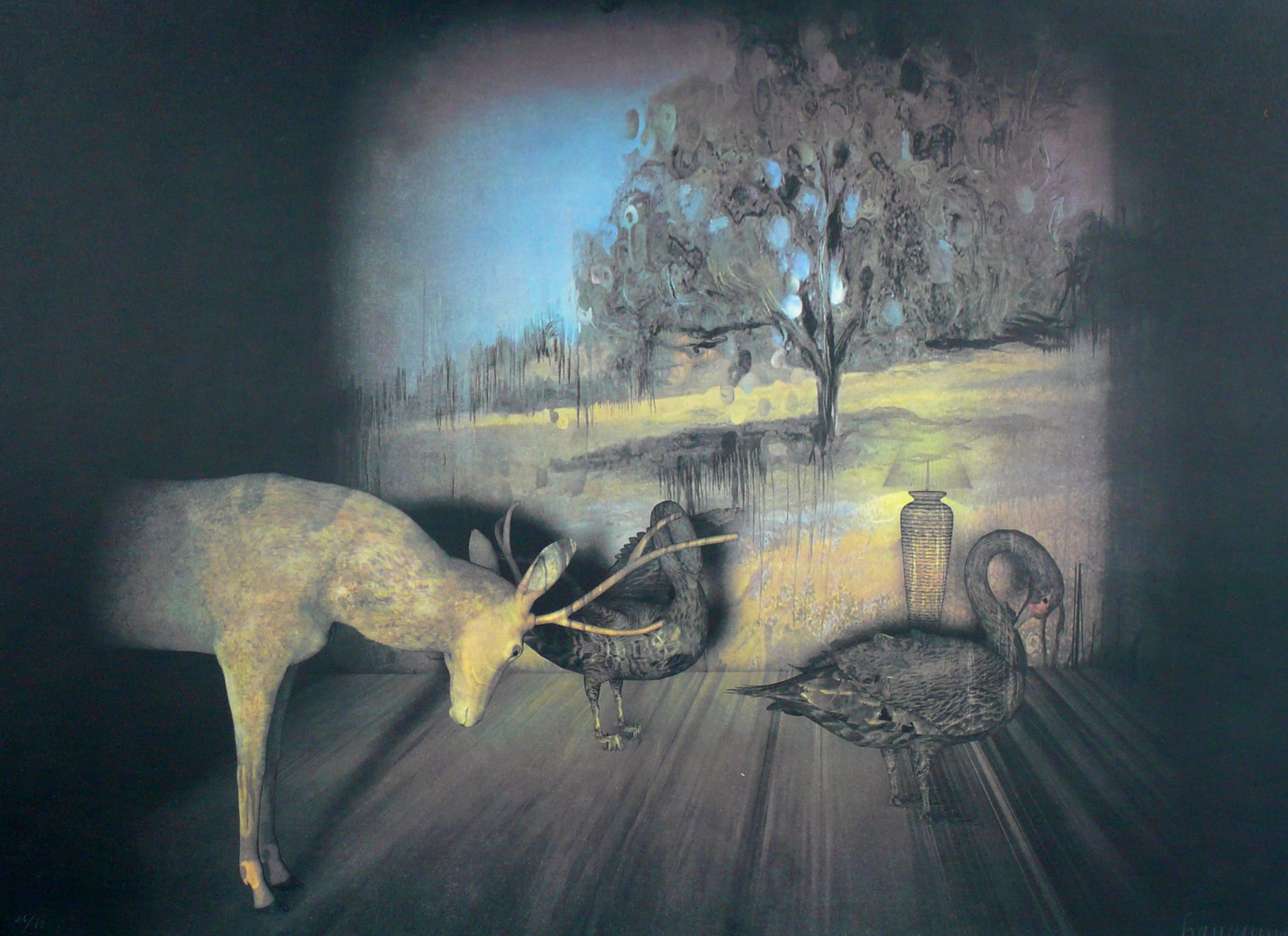 Francisco LARIOS - Cerf et oies, 1990, Lithographie signée