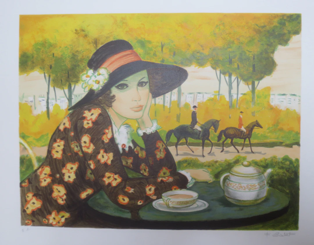 François BATET - Elégante en terrasse, 1983 - Lithographie signée au crayon