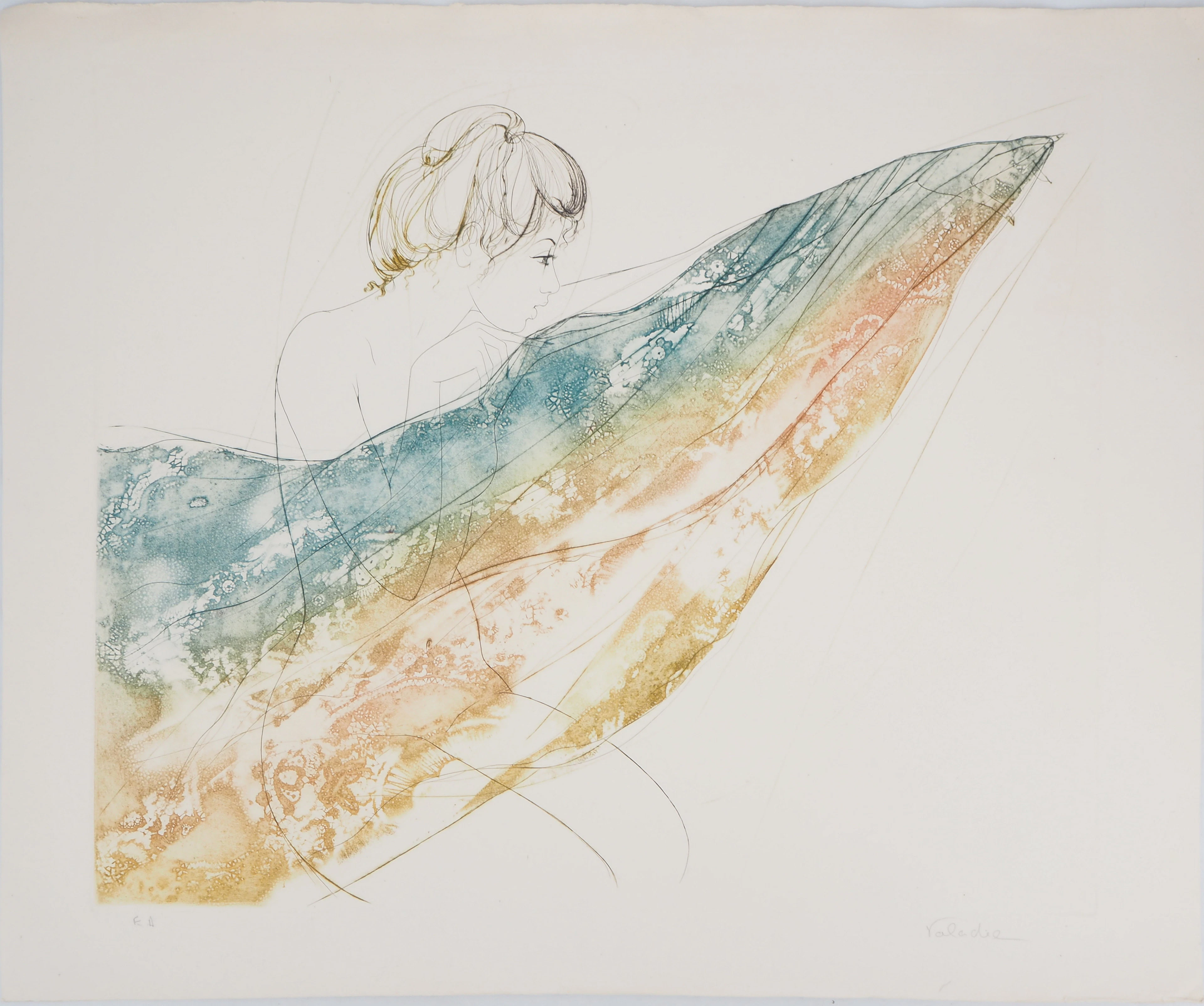 Jean-Baptiste VALADIE : Femme au drap arc en ciel - Gravure originale signée